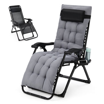 Garvee Zero Gravity Lounge Chair, 33'' Recliner Chair with Removable Cushion, Headrest, Footrest, and Cupholder, Adjustable Folding Chairs for Outside and Inside, Grey
