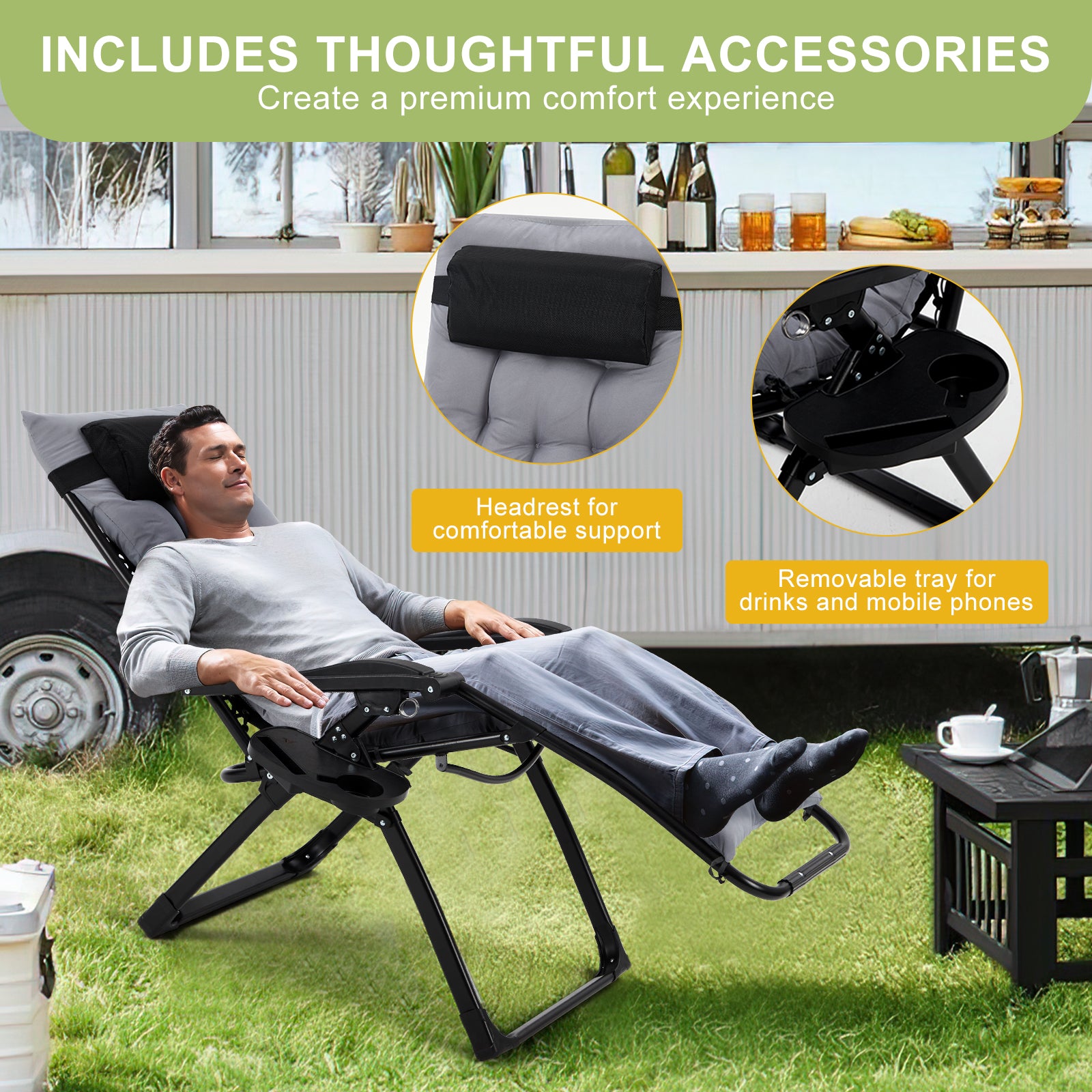 Garvee Zero Gravity Lounge Chair, 29'' Recliner Chair with Removable Cushion, Headrest, Footrest, and Cupholder, Adjustable Folding Chairs for Outside and Inside, Grey