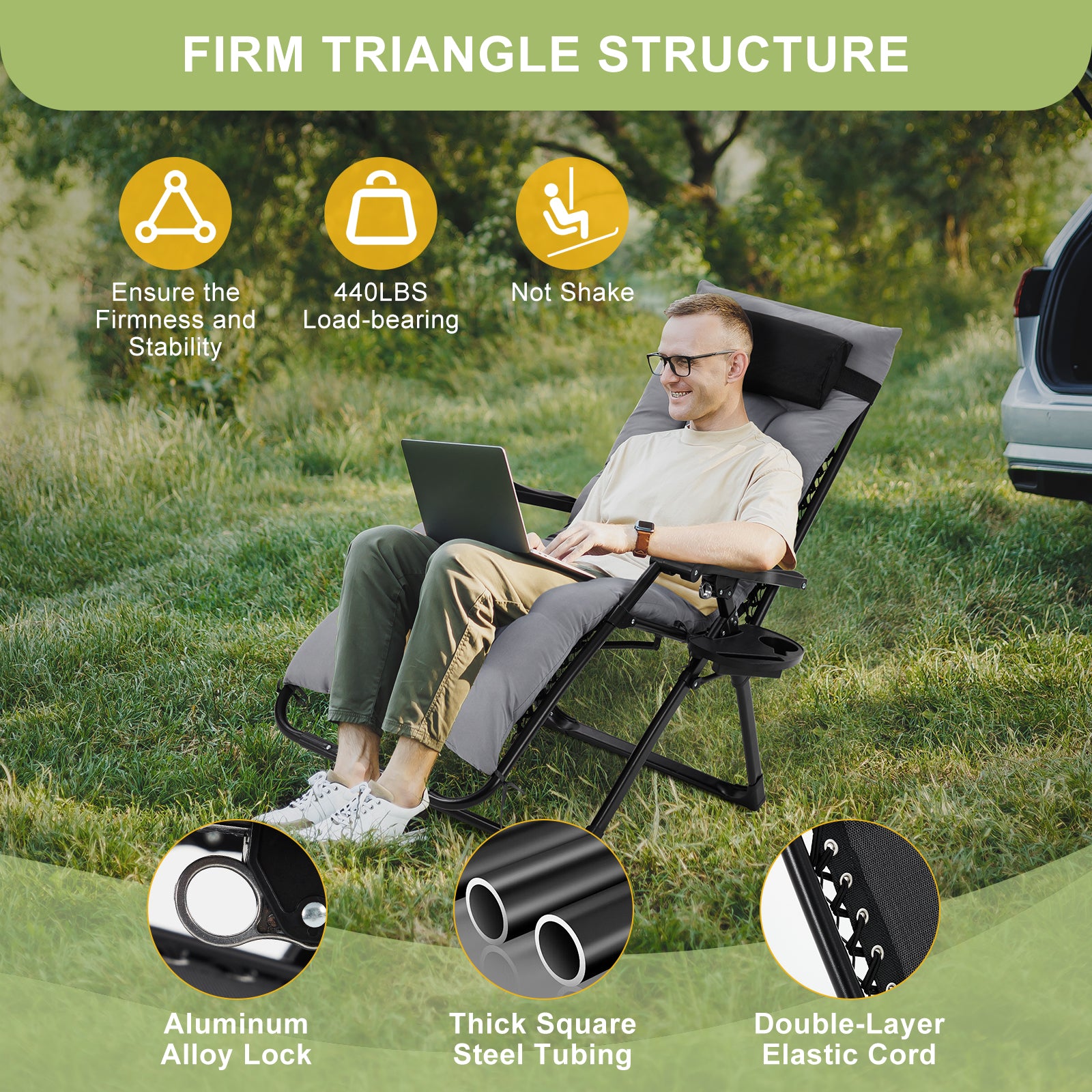 Garvee Zero Gravity Lounge Chair, 29'' Recliner Chair with Removable Cushion, Headrest, Footrest, and Cupholder, Adjustable Folding Chairs for Outside and Inside, Grey
