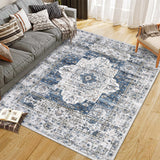 Garvee Persian Blue 5x7 Vintage Area Rug Washable Low Pile Non Skid Rug Soft Non Shedding Floor Carpet, Faded Flower Rug, Thin Foldable Stain-Resistant Rug for Living Room, Dining Room - Blue