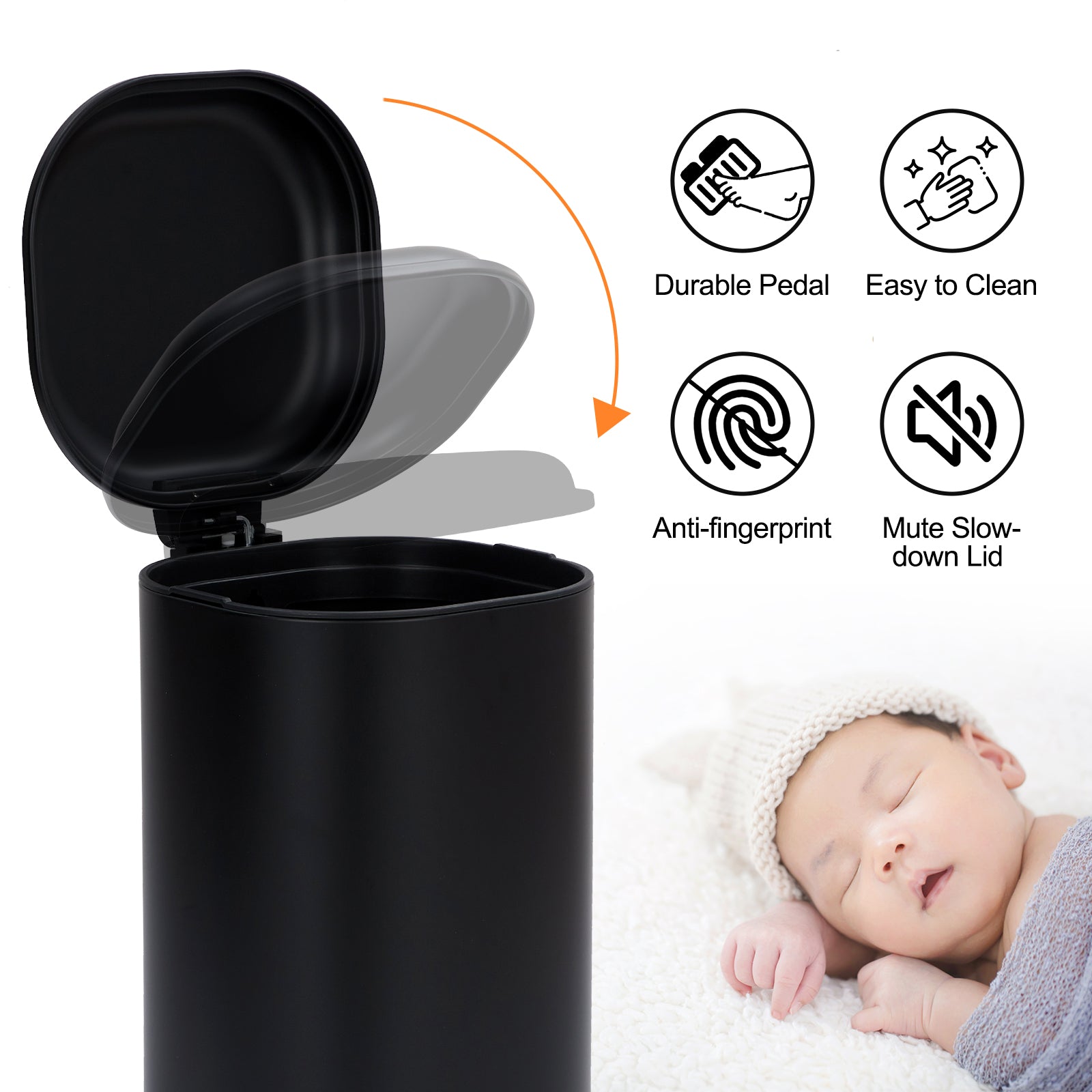 Garvee 8-Gallon Step-Open Trash Can with Soft-Close Lid, Modern, Minimalistic for Home, Kitchen, Laundry Room, Office, Bedroom, Bathroom, Without Inner Bucket, Black