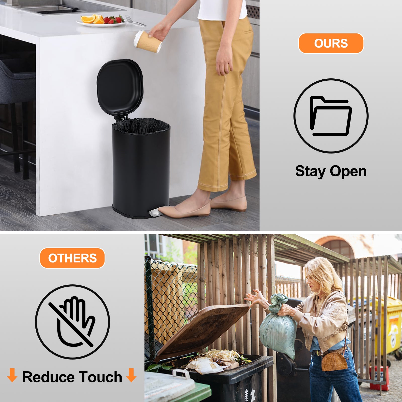 Garvee 8-Gallon Step-Open Trash Can with Soft-Close Lid, Modern, Minimalistic for Home, Kitchen, Laundry Room, Office, Bedroom, Bathroom, Without Inner Bucket, Black