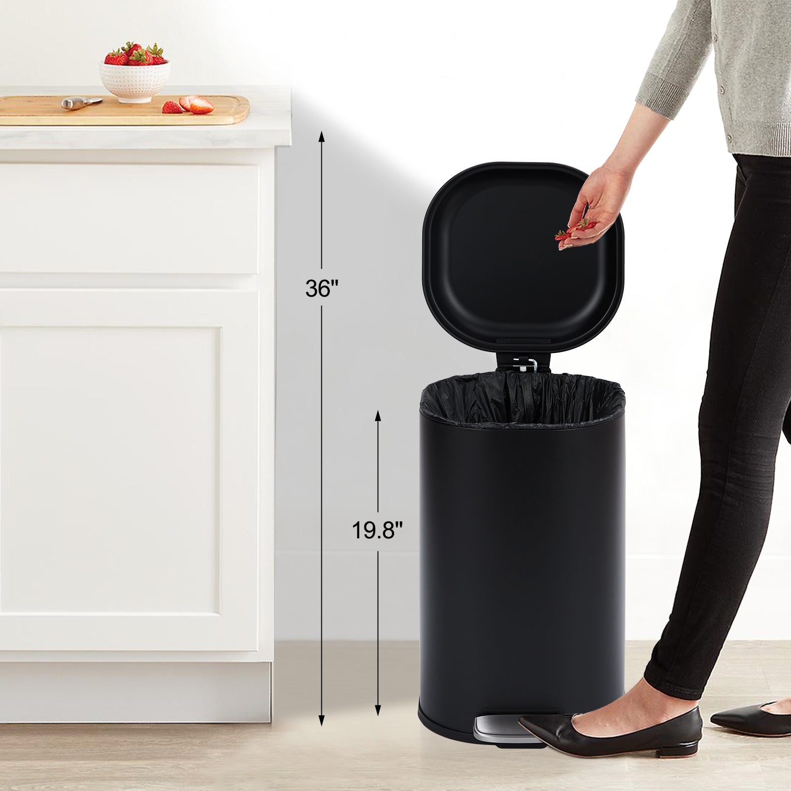 Garvee 8-Gallon Step-Open Trash Can with Soft-Close Lid, Modern, Minimalistic for Home, Kitchen, Laundry Room, Office, Bedroom, Bathroom, Without Inner Bucket, Black