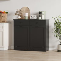 Garvee Double Tilt Out Trash Cabinet with Deodorizing Function, 20 Gallon Wooden Laundry Trash Can Cabinet with 2 Drawers, Farmhouse Hidden Pet Proof Garbage Can for Kitchen, Black