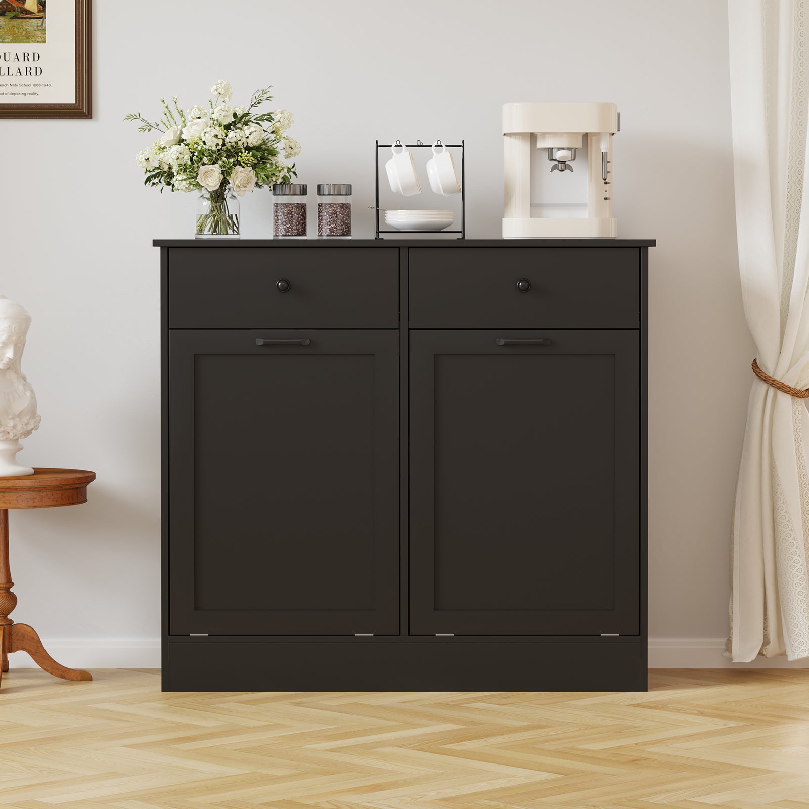 Garvee Double Tilt Out Trash Cabinet with Deodorizing Function, 20 Gallon Wooden Laundry Trash Can Cabinet with 2 Drawers, Farmhouse Hidden Pet Proof Garbage Can for Kitchen, Black
