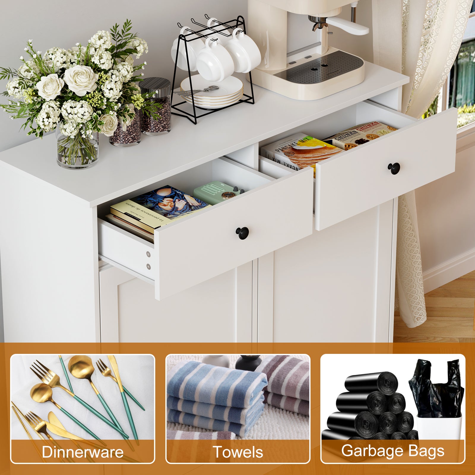 Garvee Double Tilt Out Trash Cabinet with Deodorizing Function, 20 Gallon Wooden Laundry Trash Can Cabinet with 2 Drawers, Farmhouse Hidden Pet Proof Garbage Can for Kitchen, White