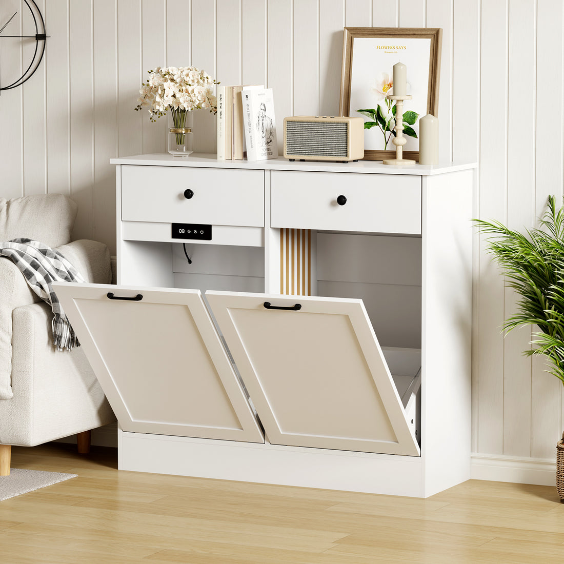 Garvee Double Tilt Out Trash Cabinet with Deodorizing Function, 20 Gallon Wooden Laundry Trash Can Cabinet with 2 Drawers, Farmhouse Hidden Pet Proof Garbage Can for Kitchen, White