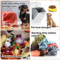 Garvee Double Tilt Out Trash Cabinet with Deodorizing Function, 20 Gallon Wooden Laundry Trash Can Cabinet with 2 Drawers, Farmhouse Hidden Pet Proof Garbage Can for Kitchen, White