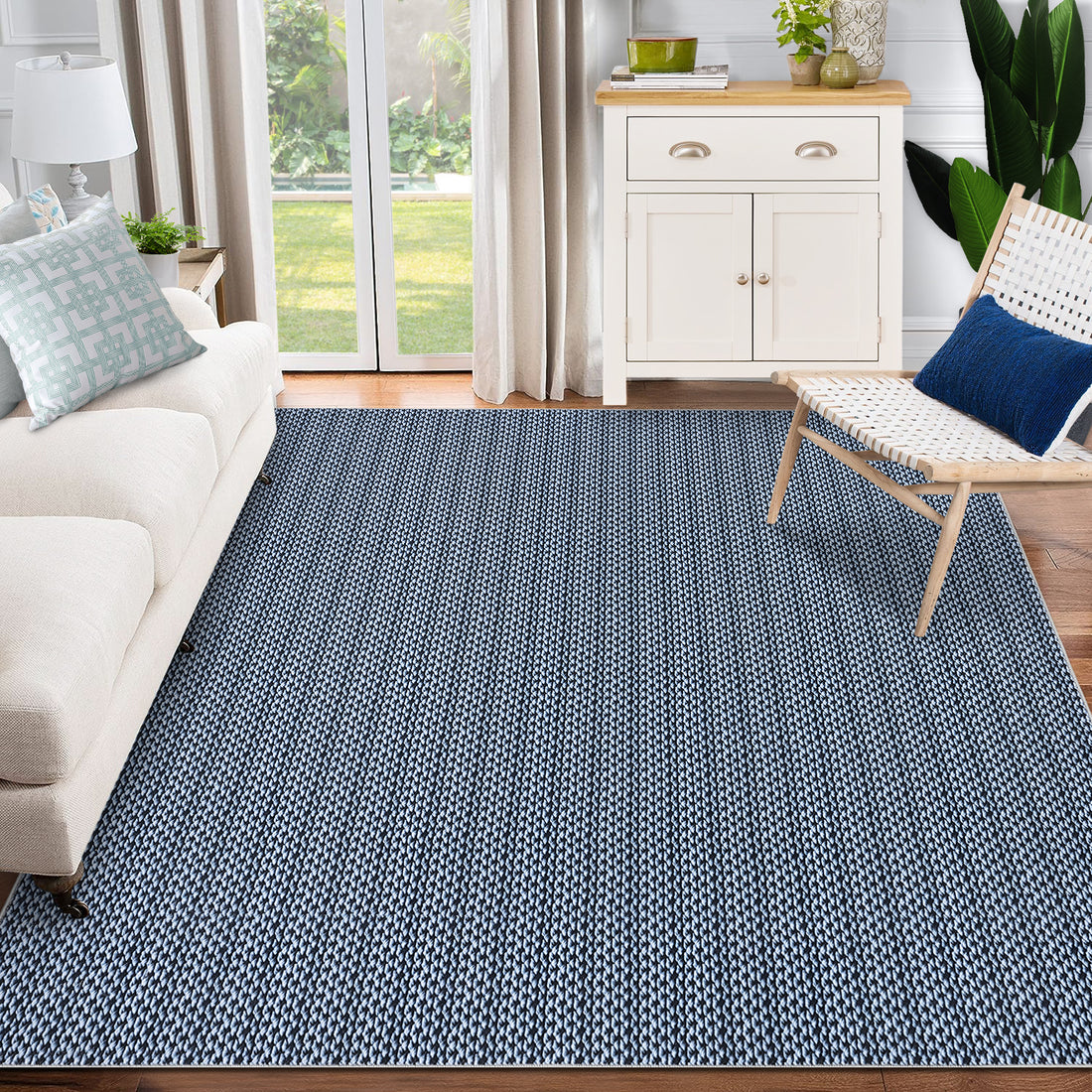 Garvee Washable Area Rugs 10x13 Large Modern Printed Accent Carpet with Non-Slip Backing, Non-Shedding Contemporary Woven-Style Living Room Rugs for Bedroom, Office, Blue