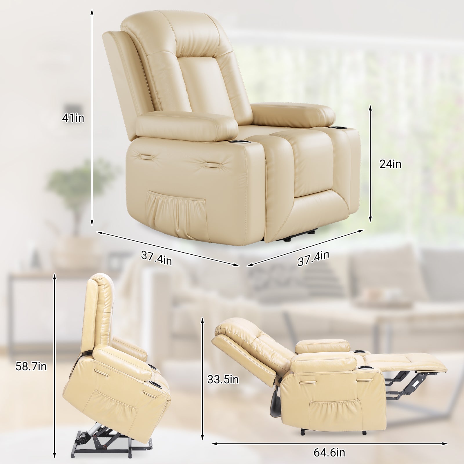 Garvee Power Lift Recliner Chair with Heat & Massage, 8-Point Vibration, Remote Control & Cup Holders, PU Leather Electric Lift Chair Designed for Mobility Aid Elderly Relaxation, Beige