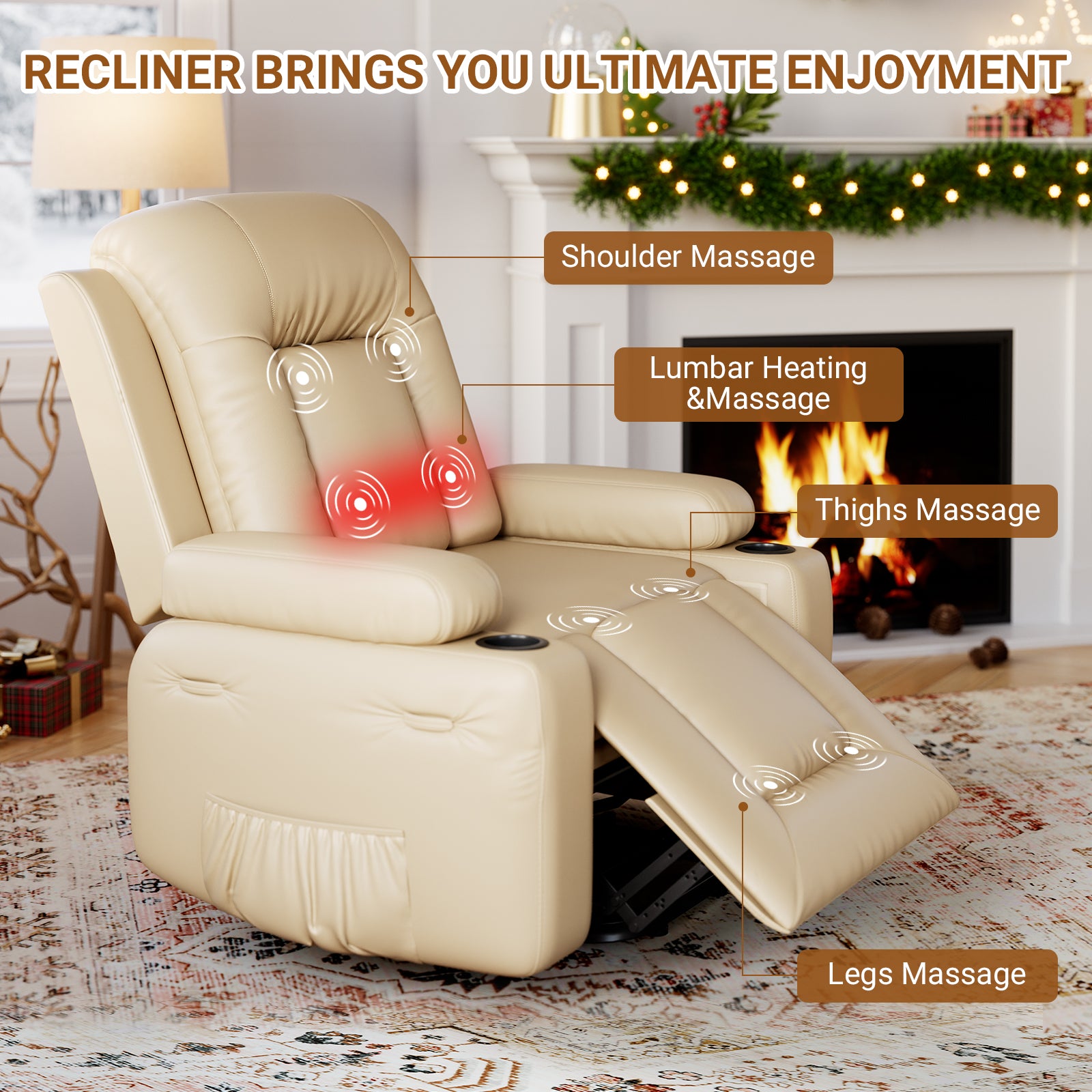 Garvee Power Lift Recliner Chair with Heat & Massage, 8-Point Vibration, Remote Control & Cup Holders, PU Leather Electric Lift Chair Designed for Mobility Aid Elderly Relaxation, Beige