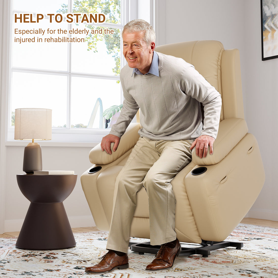 Garvee Power Lift Recliner Chair with Heat & Massage, 8-Point Vibration, Remote Control & Cup Holders, PU Leather Electric Lift Chair Designed for Mobility Aid Elderly Relaxation, Beige
