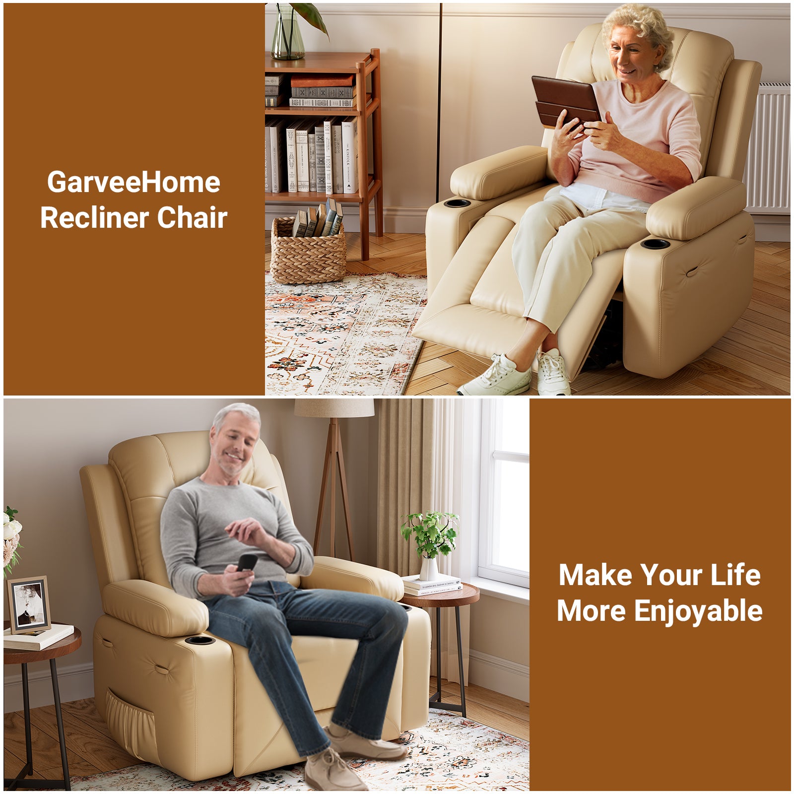 Garvee Power Lift Recliner Chair with Heat & Massage, 8-Point Vibration, Remote Control & Cup Holders, PU Leather Electric Lift Chair Designed for Mobility Aid Elderly Relaxation, Beige