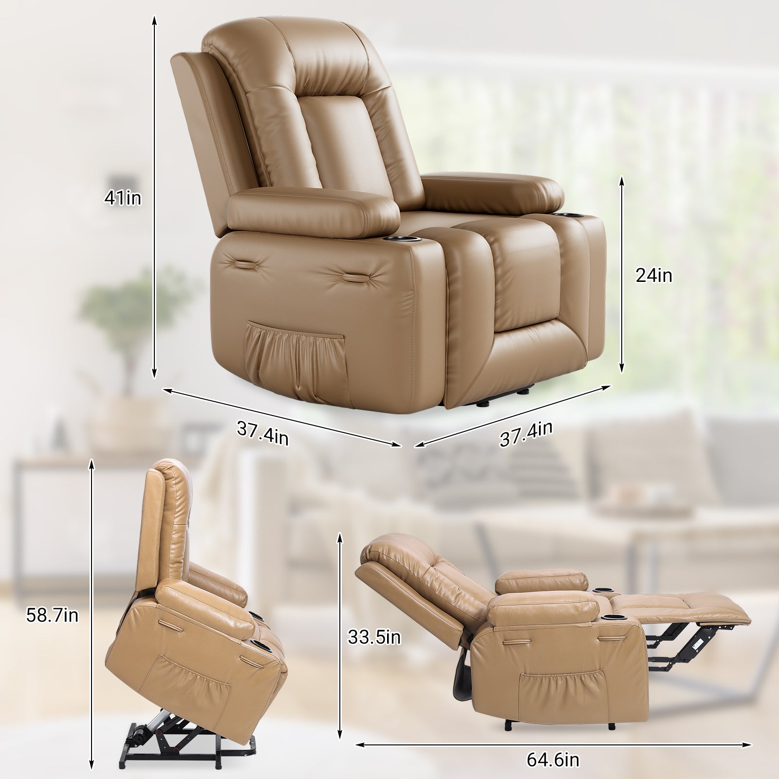 Garvee Leather Power Lift Recliner Chair with Heat & Massage, 8-Point Vibration, Remote Control & Cup Holders, Electric Lift Chair Designed for Mobility Aid Elderly Relaxation, Tan