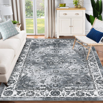 Garvee Washable Area Rug 5x7 Vintage Distressed Rug for Living Room, Non Slip Easy Care Farmhouse Carpet, Stain Resistant Accent Floor Rug for Bedroom Office High Traffic Areas - Gray