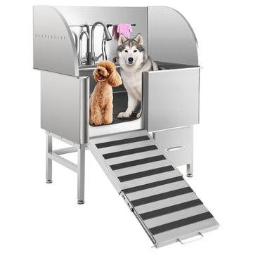 Garvee Professional Dog Grooming Tub, Stainless Steel Dog Wash Station with Foldable Ramp, Storage Drawer, Floor Grate & Faucet/Dog Bathtub for Large, Medium & Small Pets - Left Door (60")