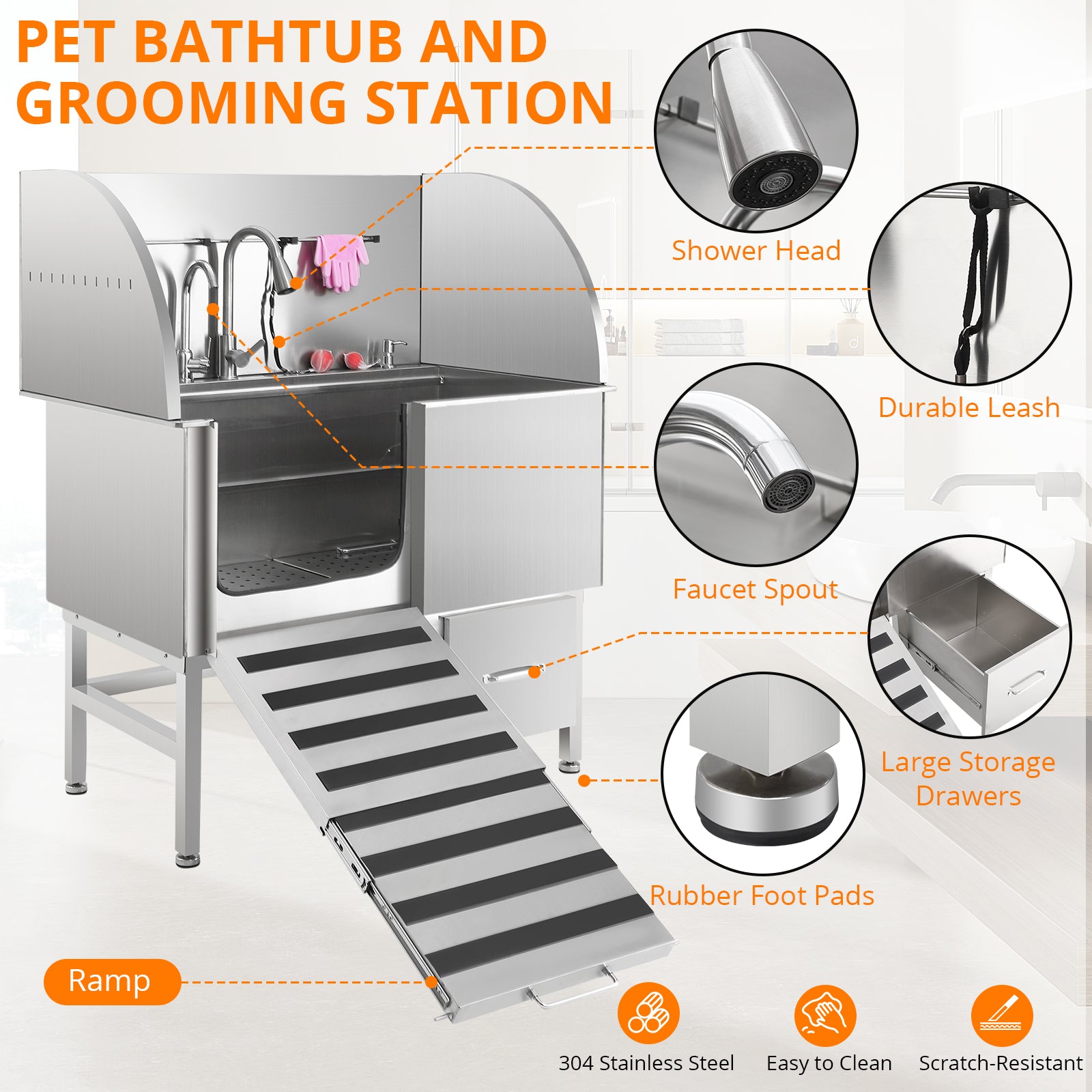 Garvee Professional Dog Grooming Tub, Stainless Steel Dog Wash Station with Foldable Ramp, Storage Drawer, Floor Grate & Faucet/Dog Bathtub for Large, Medium & Small Pets - Left Door (60")