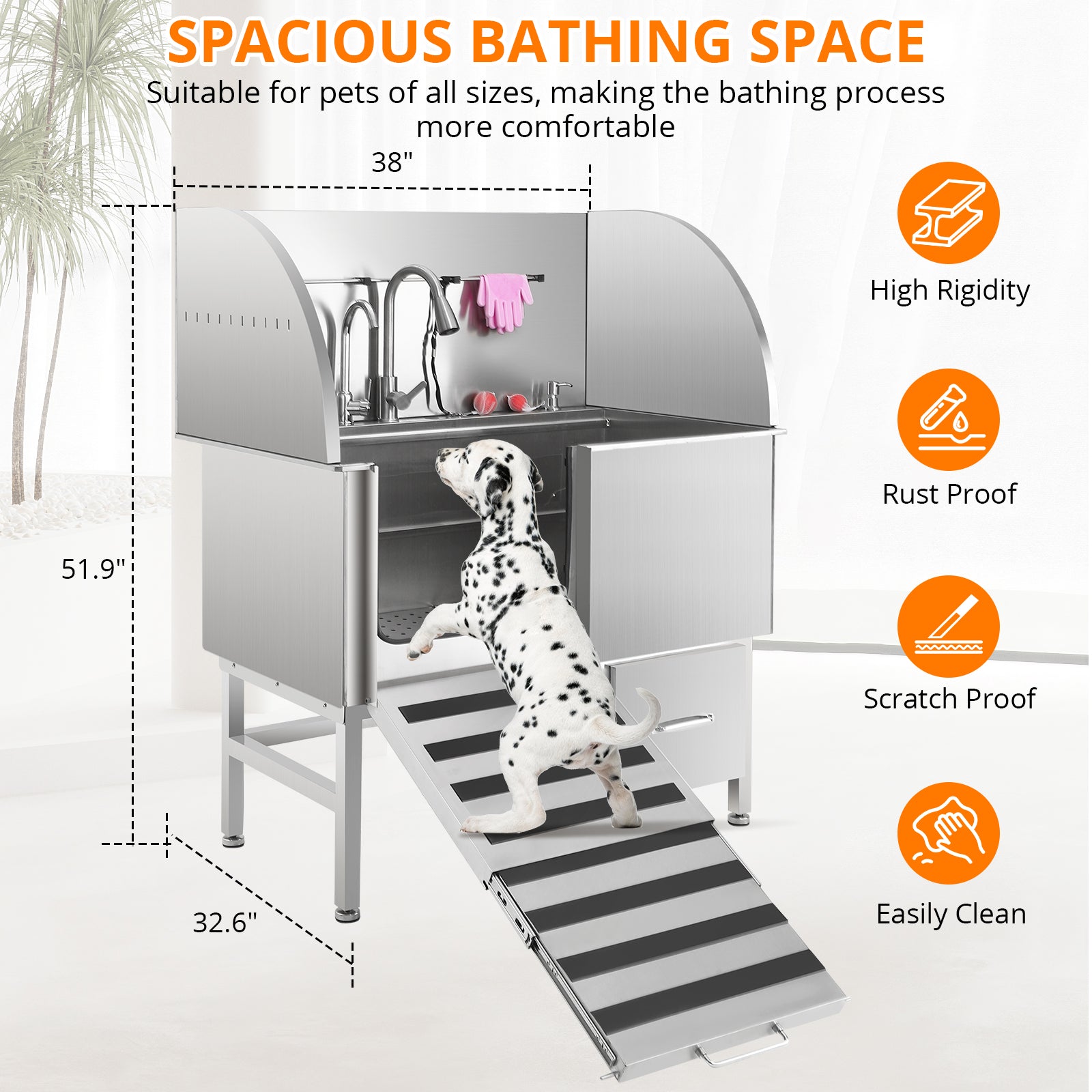Garvee Professional Dog Grooming Tub, Stainless Steel Dog Wash Station with Foldable Ramp, Storage Drawer, Floor Grate & Faucet/Dog Bathtub for Large, Medium & Small Pets - Left Door (38")