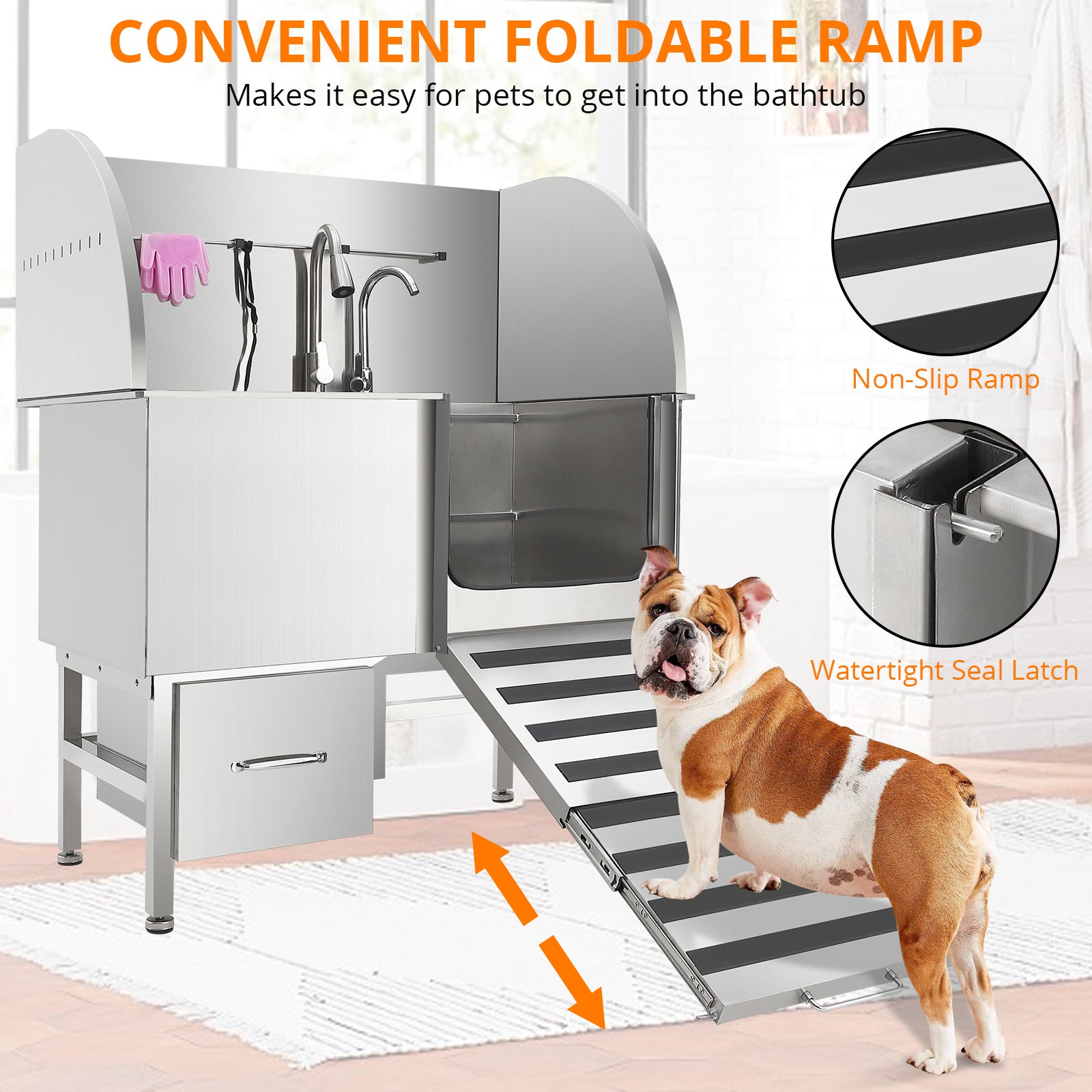 Garvee Professional Dog Grooming Tub, Stainless Steel Dog Wash Station with Foldable Ramp, Storage Drawer, Floor Grate & Faucet/Dog Bathtub for Large, Medium & Small Pets - Right Door (38")