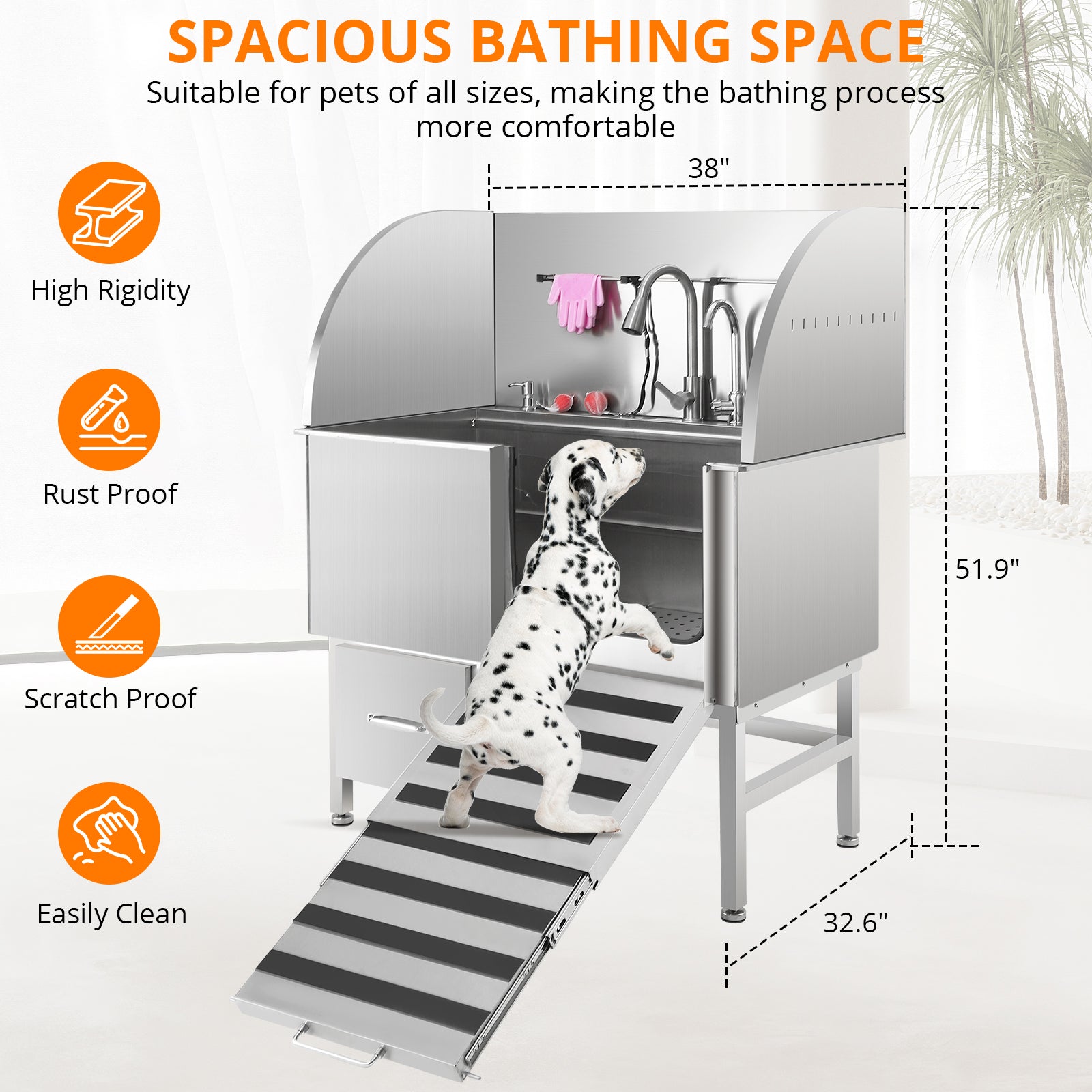 Garvee Professional Dog Grooming Tub, Stainless Steel Dog Wash Station with Foldable Ramp, Storage Drawer, Floor Grate & Faucet/Dog Bathtub for Large, Medium & Small Pets - Right Door (38")