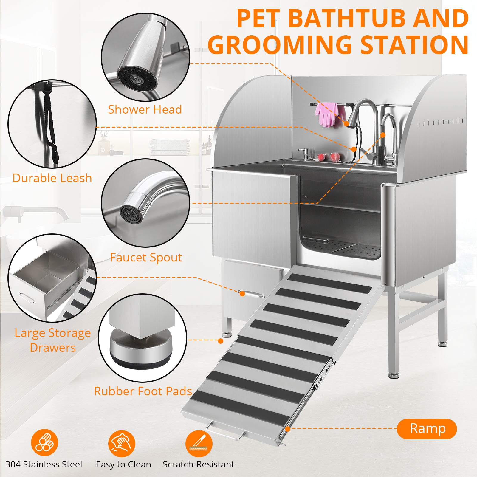 Garvee Professional Dog Grooming Tub, Stainless Steel Dog Wash Station with Foldable Ramp, Storage Drawer, Floor Grate & Faucet/Dog Bathtub for Large, Medium & Small Pets - Right Door (38")