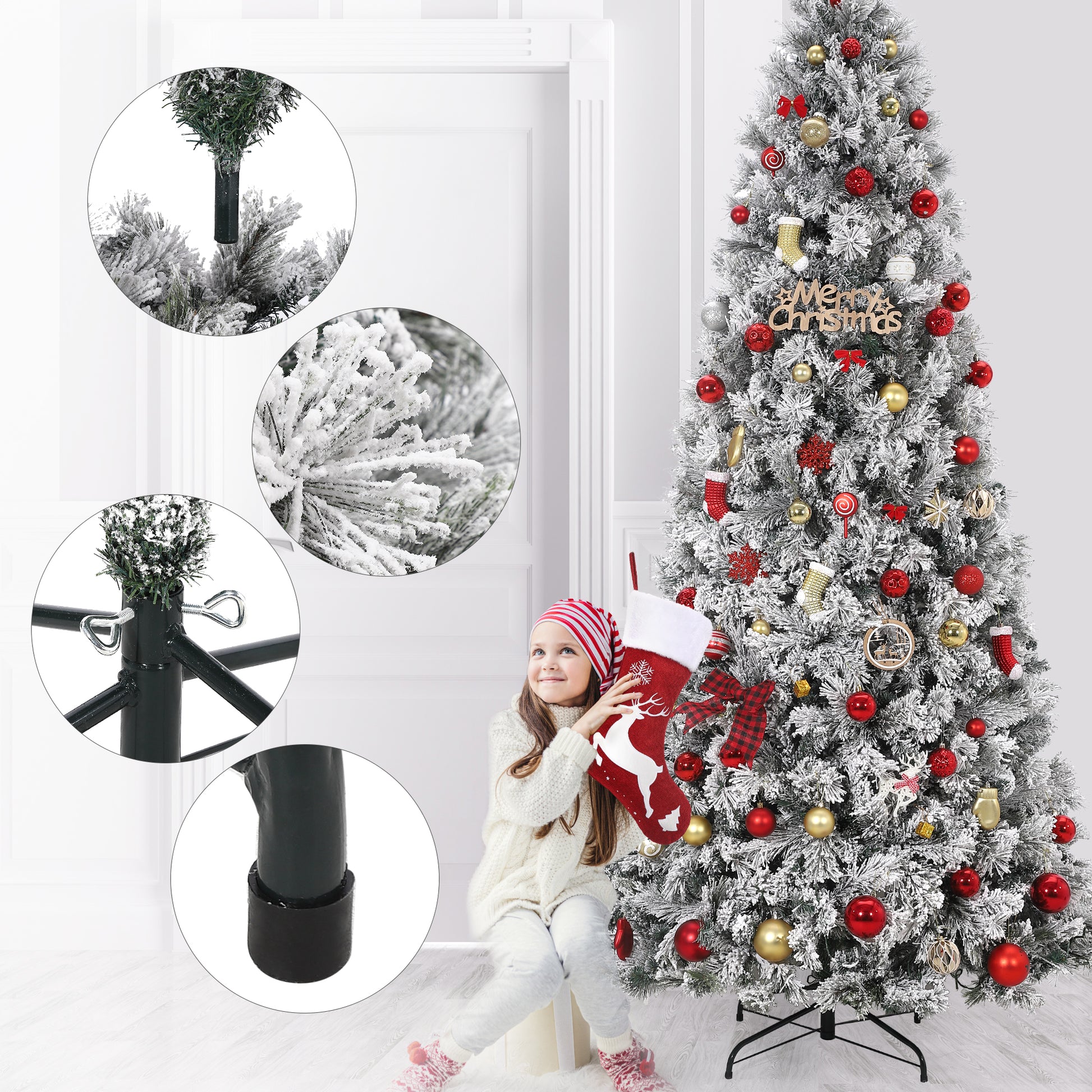 Garvee 7.5ft Pre-Lit Snow Flocked Christmas Tree, Large Xmas Tree with 350 Dual Color Led Lights, Foldable Metal Base, Artificial Christmas Tree for Home Party Holiday Decoration