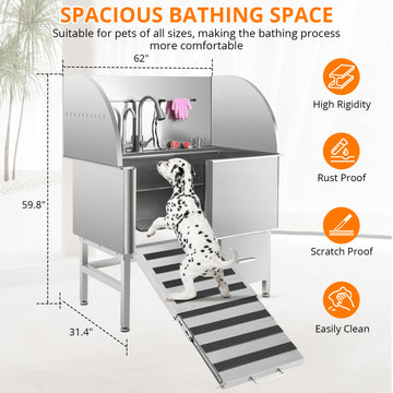 Garvee Professional Dog Grooming Tub, Stainless Steel Dog Wash Station with Foldable Ramp, Storage Drawer, Floor Grate & Faucet/Dog Bathtub for Large, Medium & Small Pets - Left Door (60")