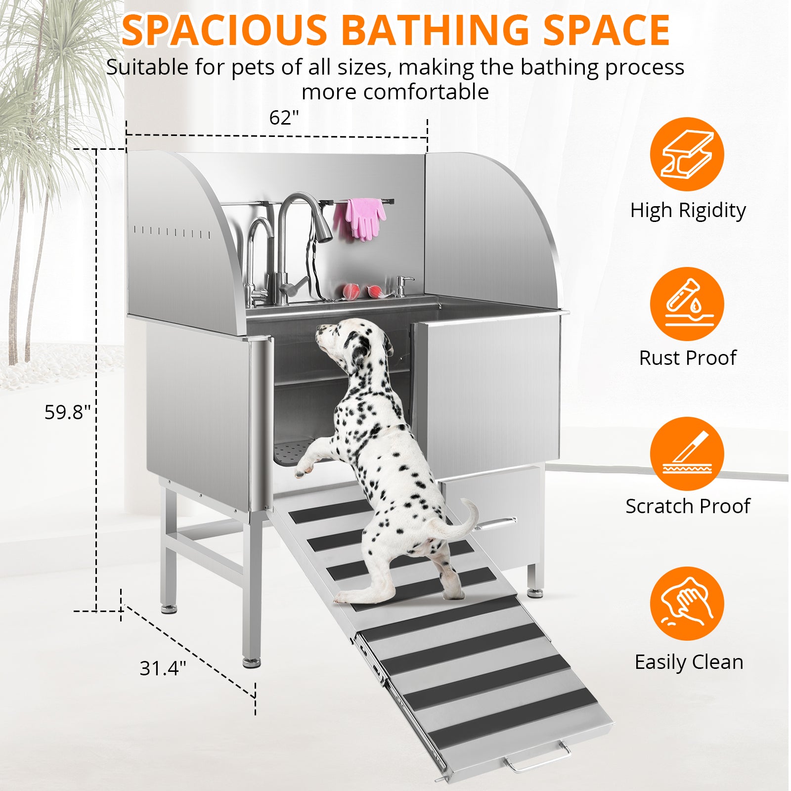 Garvee Professional Dog Grooming Tub, Stainless Steel Dog Wash Station with Foldable Ramp, Storage Drawer, Floor Grate & Faucet/Dog Bathtub for Large, Medium & Small Pets - Left Door (60")