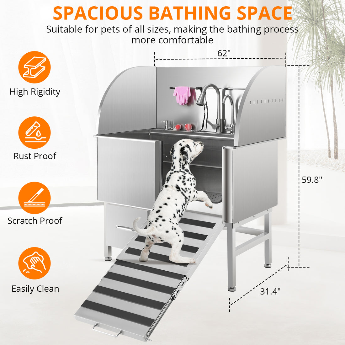 Garvee Professional Dog Grooming Tub, Stainless Steel Dog Wash Station with Foldable Ramp, Storage Drawer, Floor Grate & Faucet/Dog Bathtub for Large, Medium & Small Pets - Right Door (60")