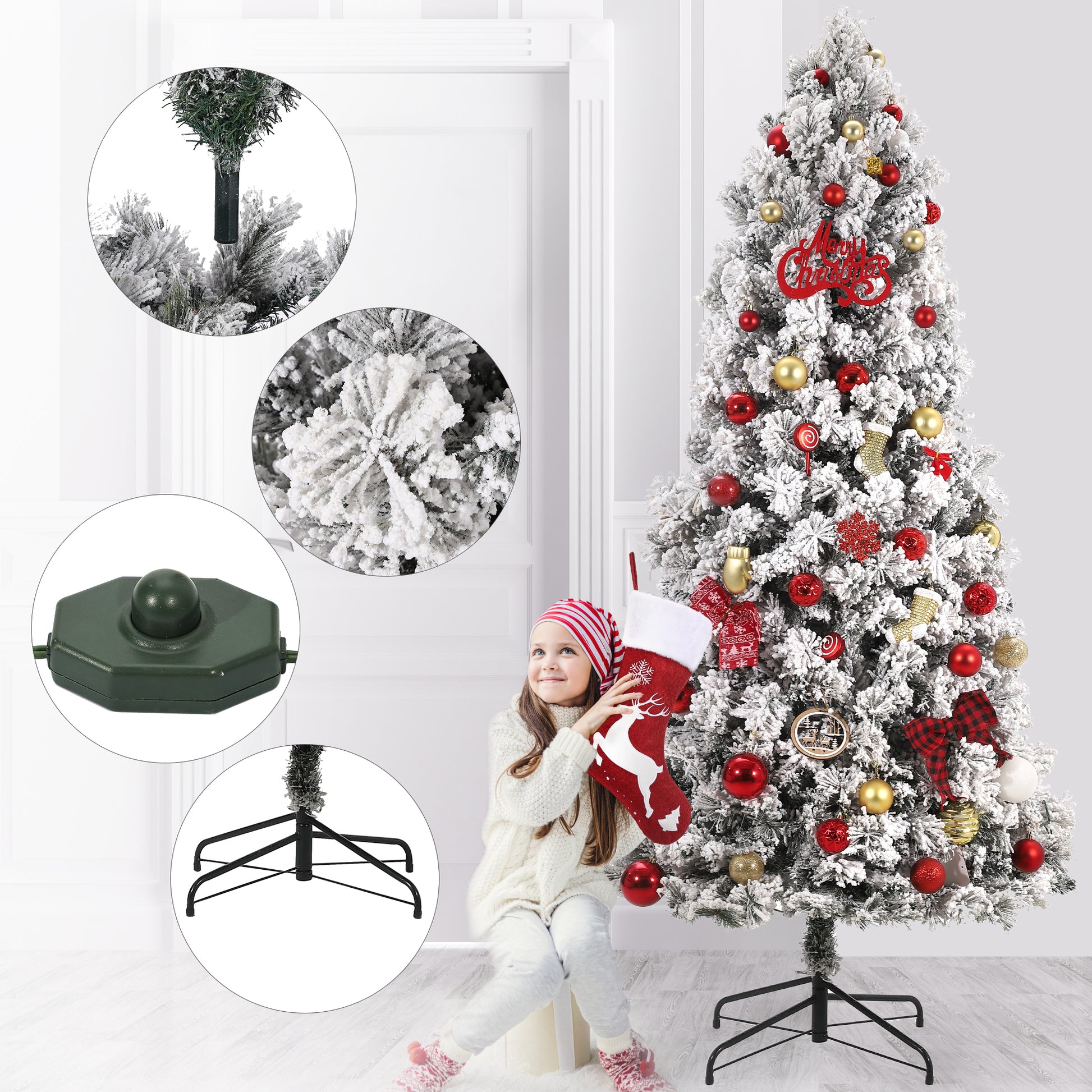 Garvee 6ft Christmas Tree, Pre-Lit Snow Flocked Xmas Tree with Foldable Metal Base, 250 Multicolor LED Lights, 8 Lighting Modes, Artificial Christmas Tree for Home, Holiday Decoration