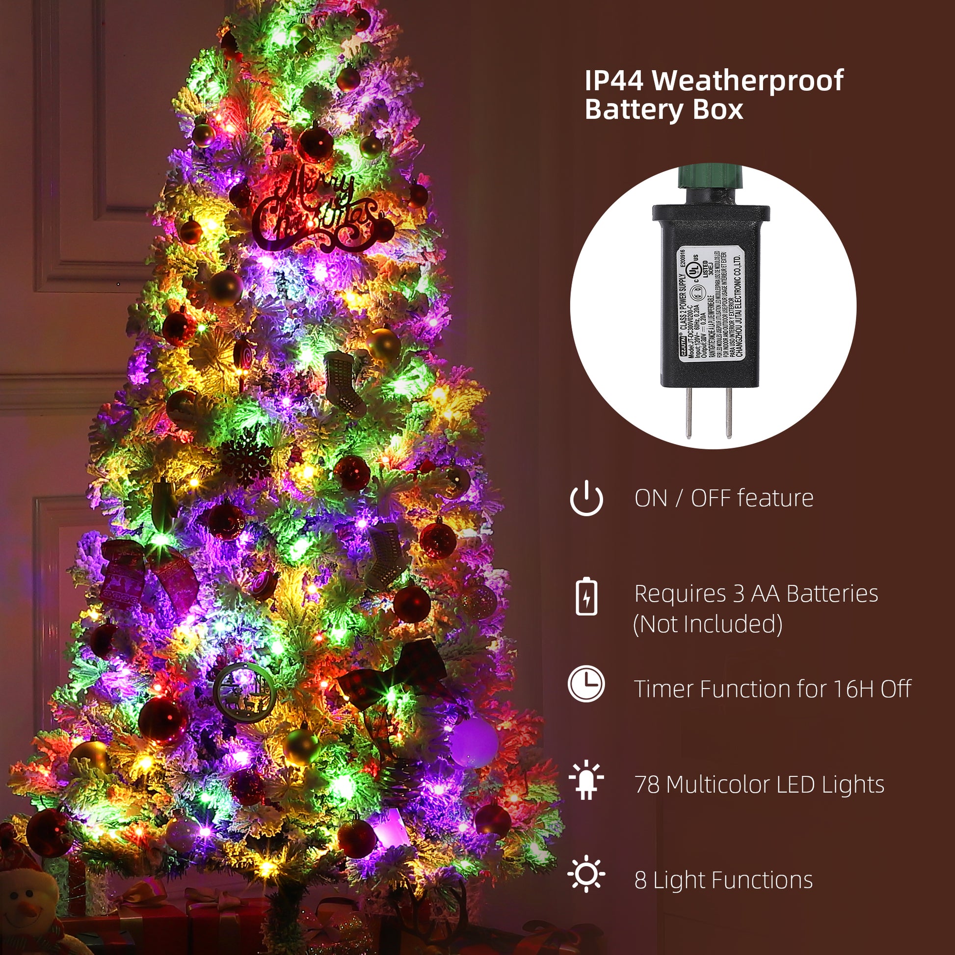 Garvee 6ft Christmas Tree, Pre-Lit Snow Flocked Xmas Tree with Foldable Metal Base, 250 Multicolor LED Lights, 8 Lighting Modes, Artificial Christmas Tree for Home, Holiday Decoration
