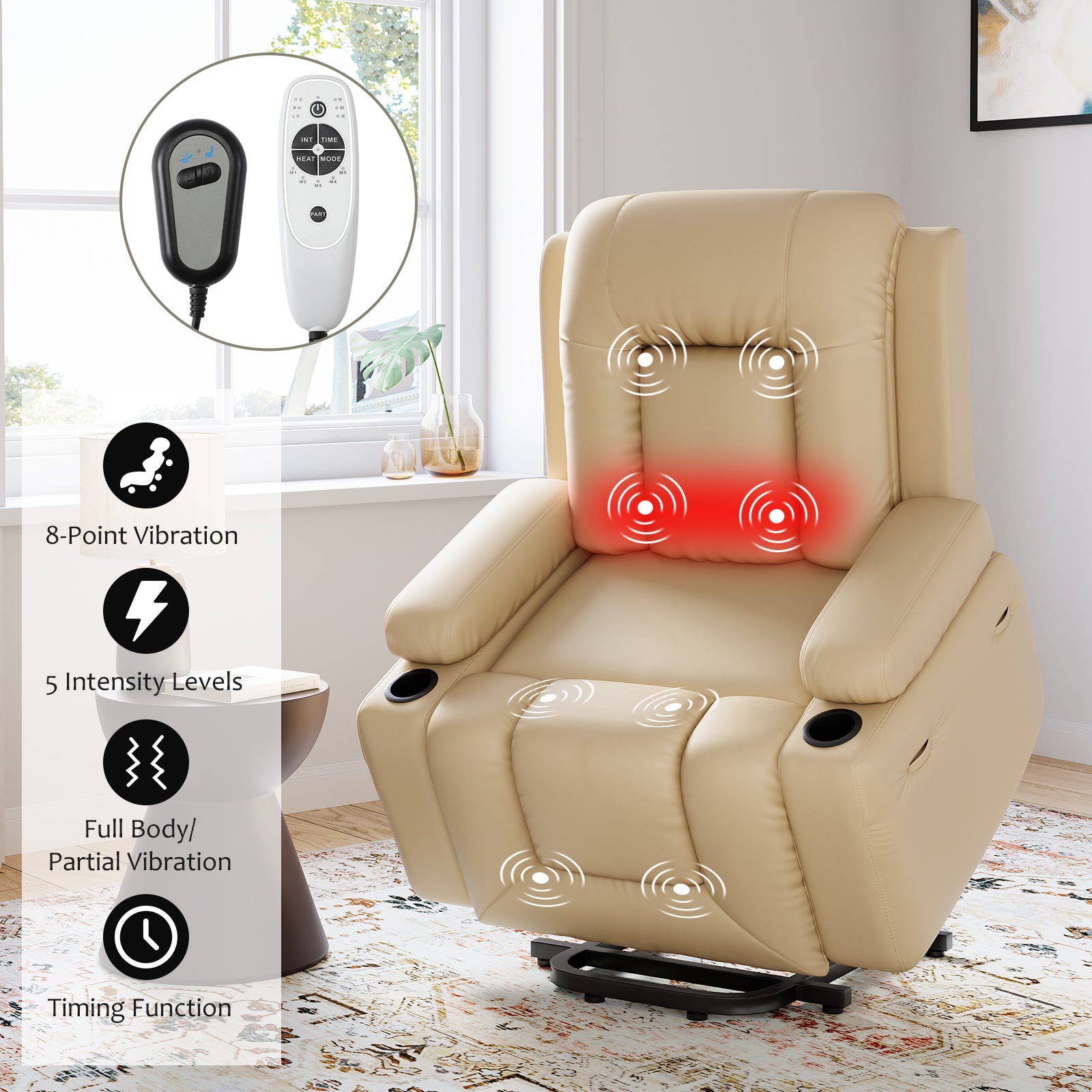 Garvee Power Lift Recliner Chair with Heat & Massage, 8-Point Vibration, Remote Control & Cup Holders, PU Leather Electric Lift Chair Designed for Mobility Aid Elderly Relaxation, Beige