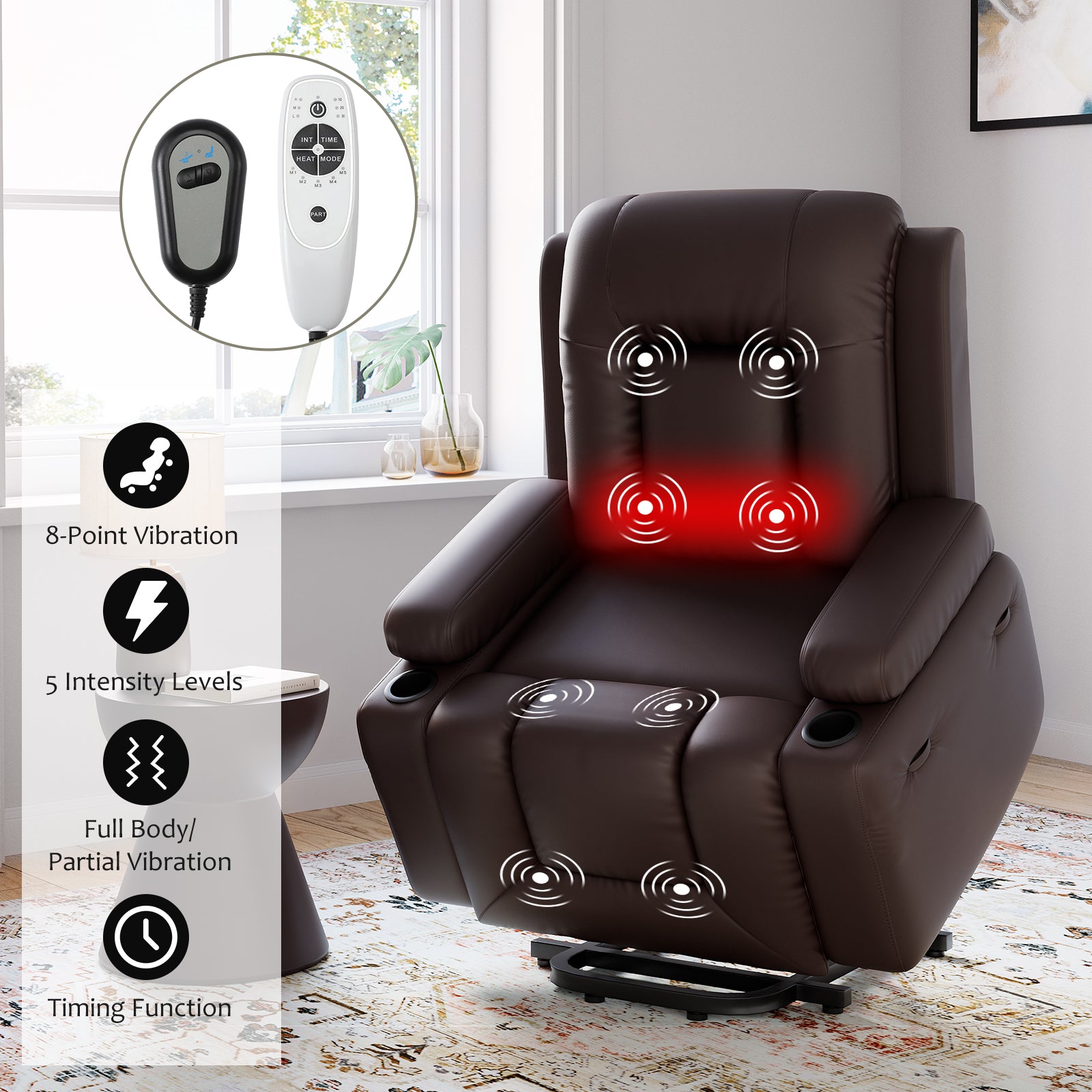 Garvee Power Lift Recliner Chair with Heat & Massage, Adjustable 3 Positions & Cup Holders, PU Leather Electric Lift Chair Designed for Mobility Aid Elderly Relaxation, Coffe