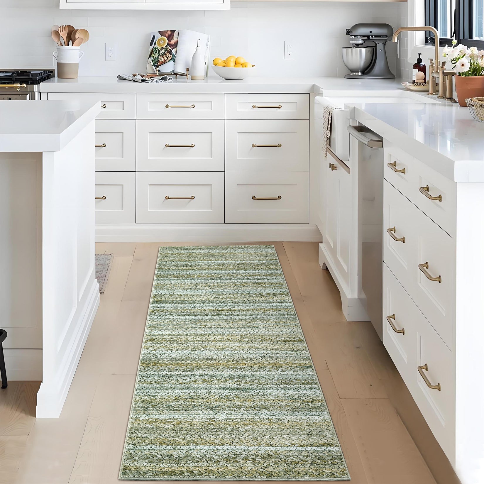 Garvee Modern Green Camel 2x6 Area Rug Washable Runner Rug, Non Slip Kitchen Runner Rug Low Pile Bath Rug Green Rug Non Shedding Hallway Rug Contemporary Accent Rug Braided Print Rug