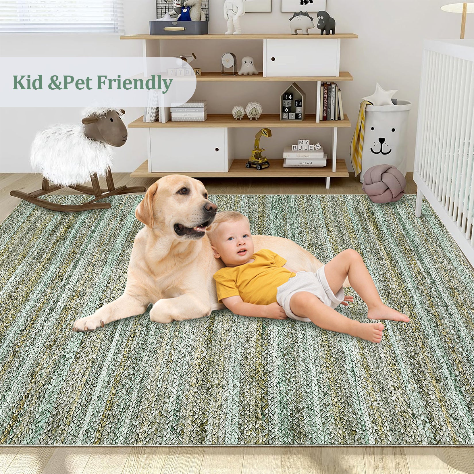 Garvee Modern Green Camel 10x13 Rug Washable Large Area Rug Living Room Rug Non-Slip Soft Bedroom Rug Modern Striped Woven Printed Rug Low Pile Modern Rug Non Shedding Netural Rug Colorful Rug