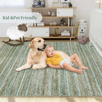 Garvee Modern Green Camel 10x13 Rug Washable Large Area Rug Living Room Rug Non-Slip Soft Bedroom Rug Modern Striped Woven Printed Rug Low Pile Modern Rug Non Shedding Netural Rug Colorful Rug