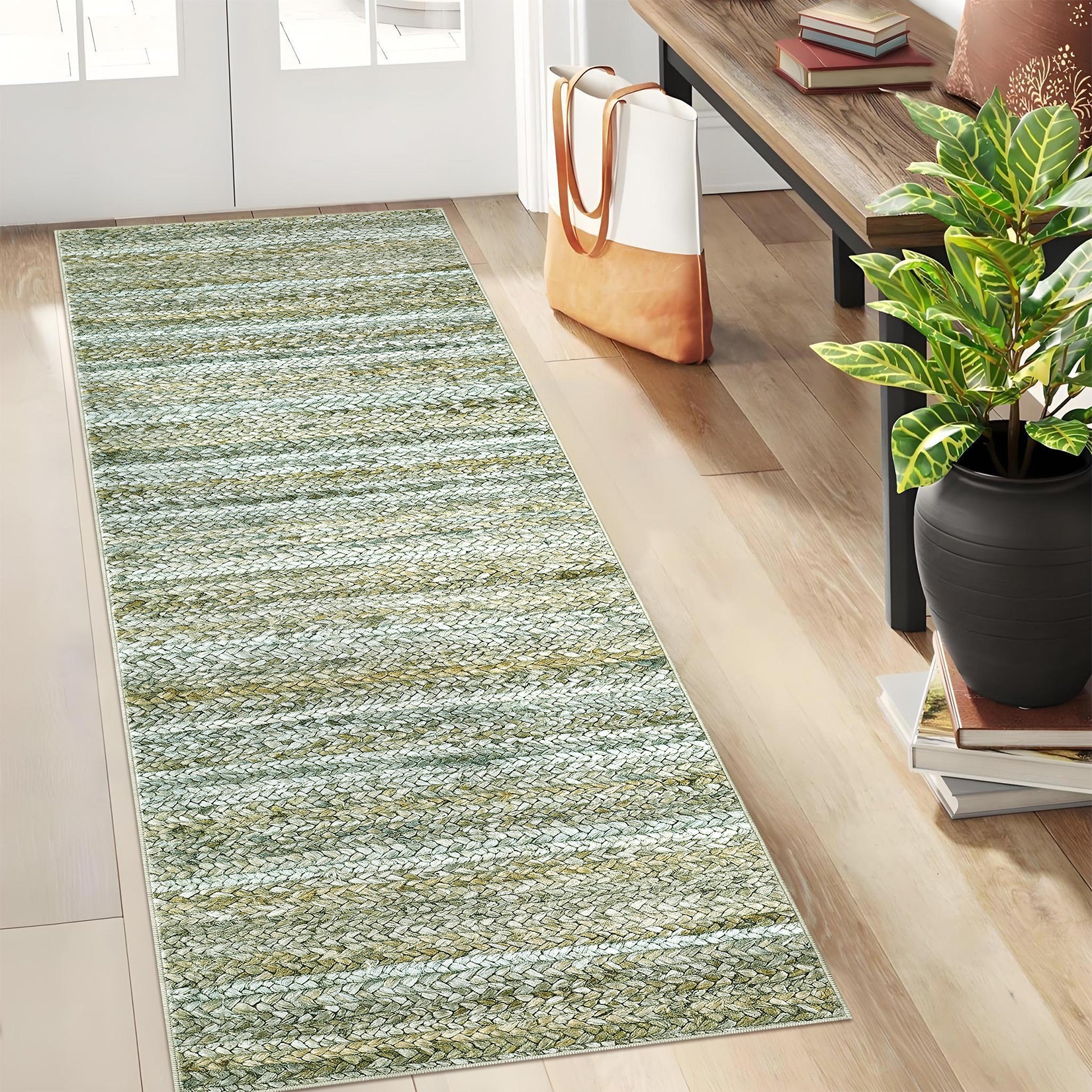 Garvee Modern Green Camel 2x6 Area Rug Washable Runner Rug, Non Slip Kitchen Runner Rug Low Pile Bath Rug Green Rug Non Shedding Hallway Rug Contemporary Accent Rug Braided Print Rug