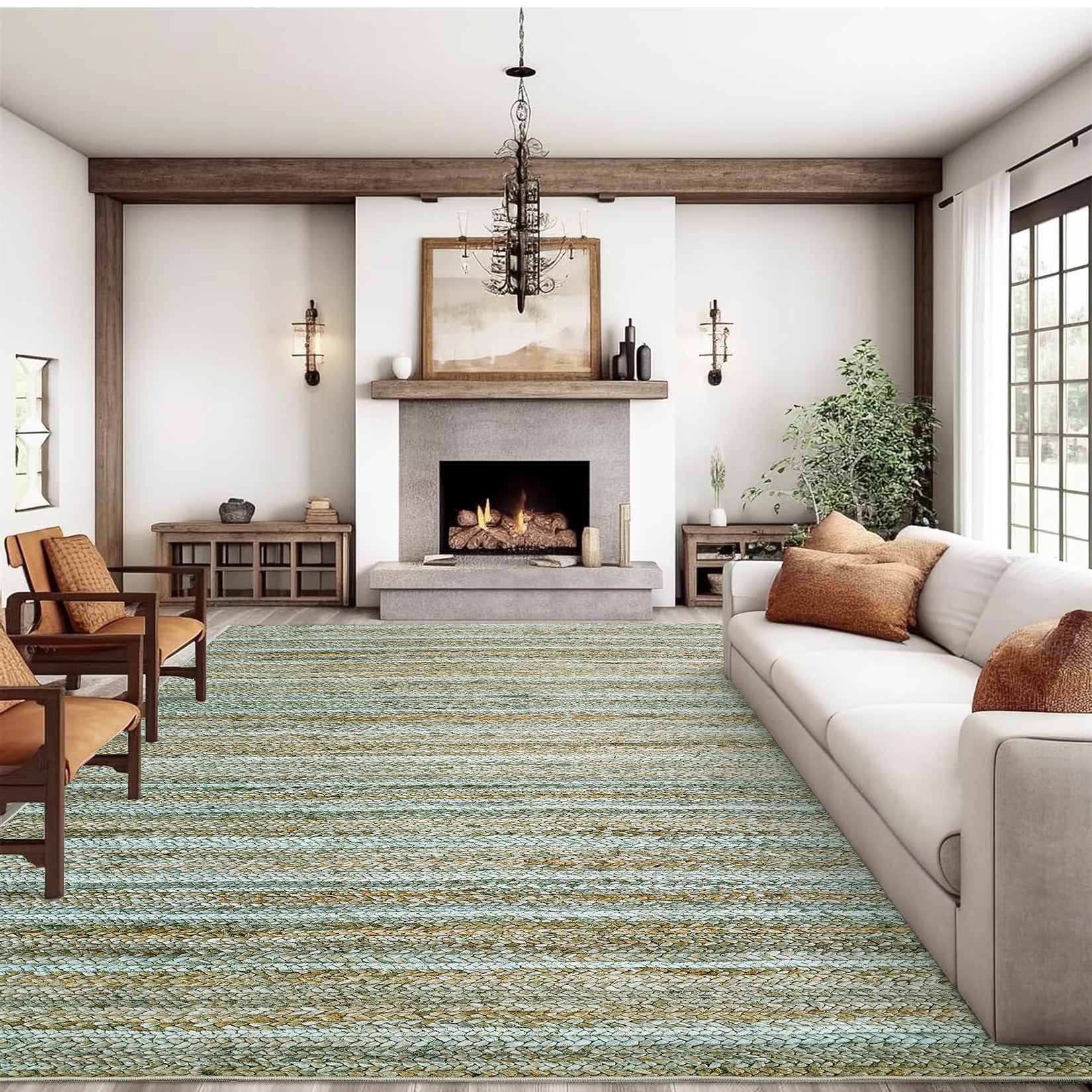 Garvee Modern Green Camel 10x13 Rug Washable Large Area Rug Living Room Rug Non-Slip Soft Bedroom Rug Modern Striped Woven Printed Rug Low Pile Modern Rug Non Shedding Netural Rug Colorful Rug