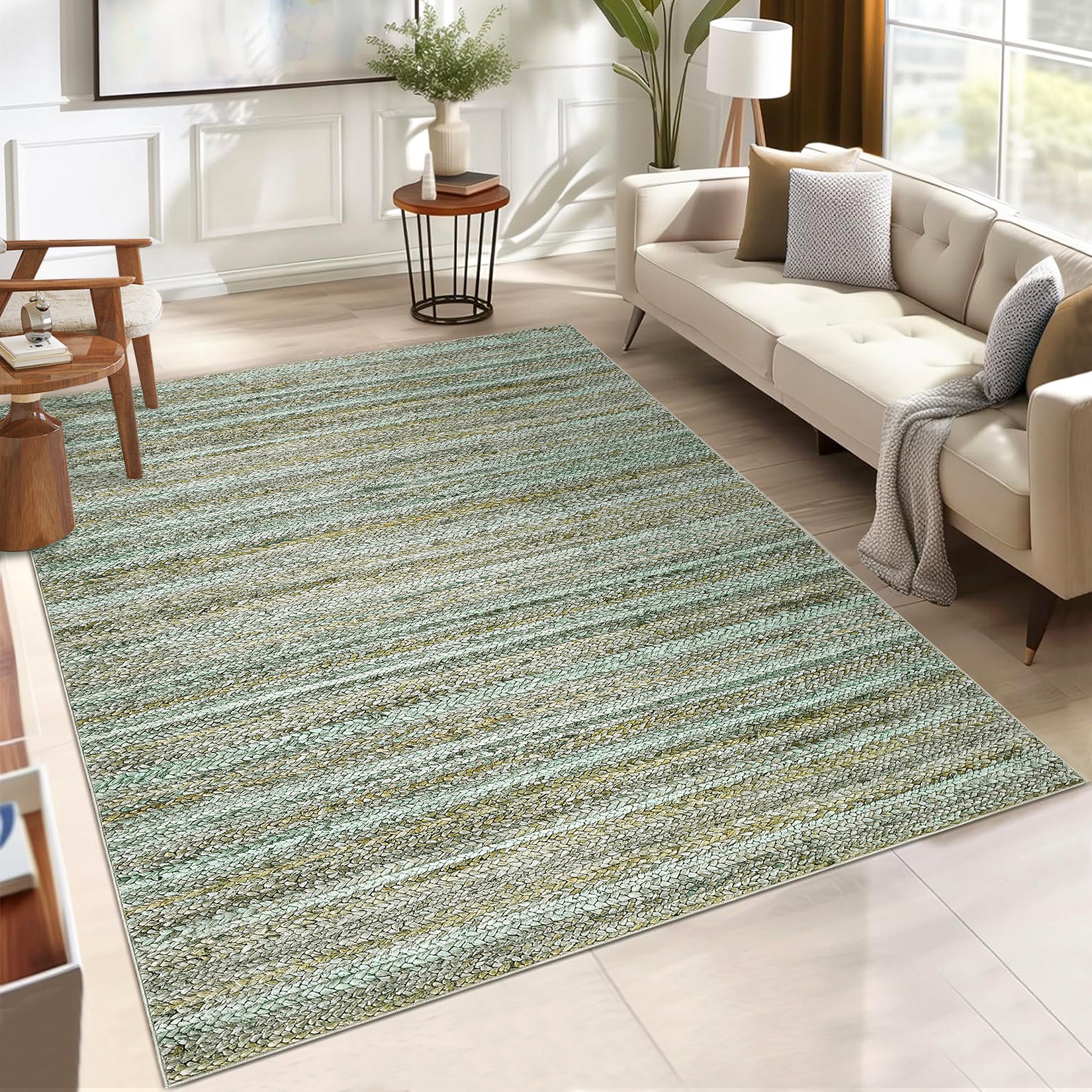 Garvee Modern Green Camel 5x7 Washable Area Rug for Bedroom Living Room Cream Rug Modern Indoor Accent Rug Low Pile Dining Room Rug Non Slip Kitchen Rug Contemporary Woven Printed Rug Foldable Rug