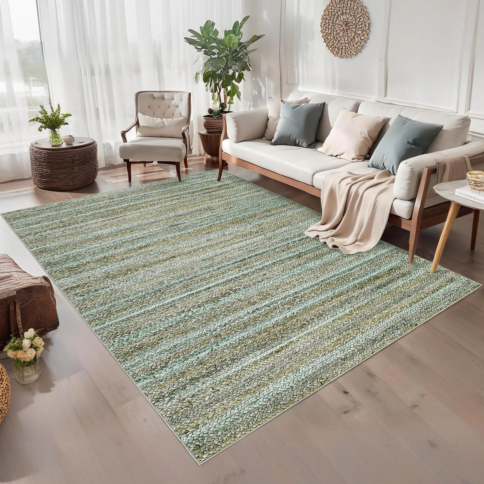 Garvee Modern Green Camel 5x7 Washable Area Rug for Bedroom Living Room Cream Rug Modern Indoor Accent Rug Low Pile Dining Room Rug Non Slip Kitchen Rug Contemporary Woven Printed Rug Foldable Rug
