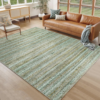 Garvee Modern Green Camel 10x13 Rug Washable Large Area Rug Living Room Rug Non-Slip Soft Bedroom Rug Modern Striped Woven Printed Rug Low Pile Modern Rug Non Shedding Netural Rug Colorful Rug