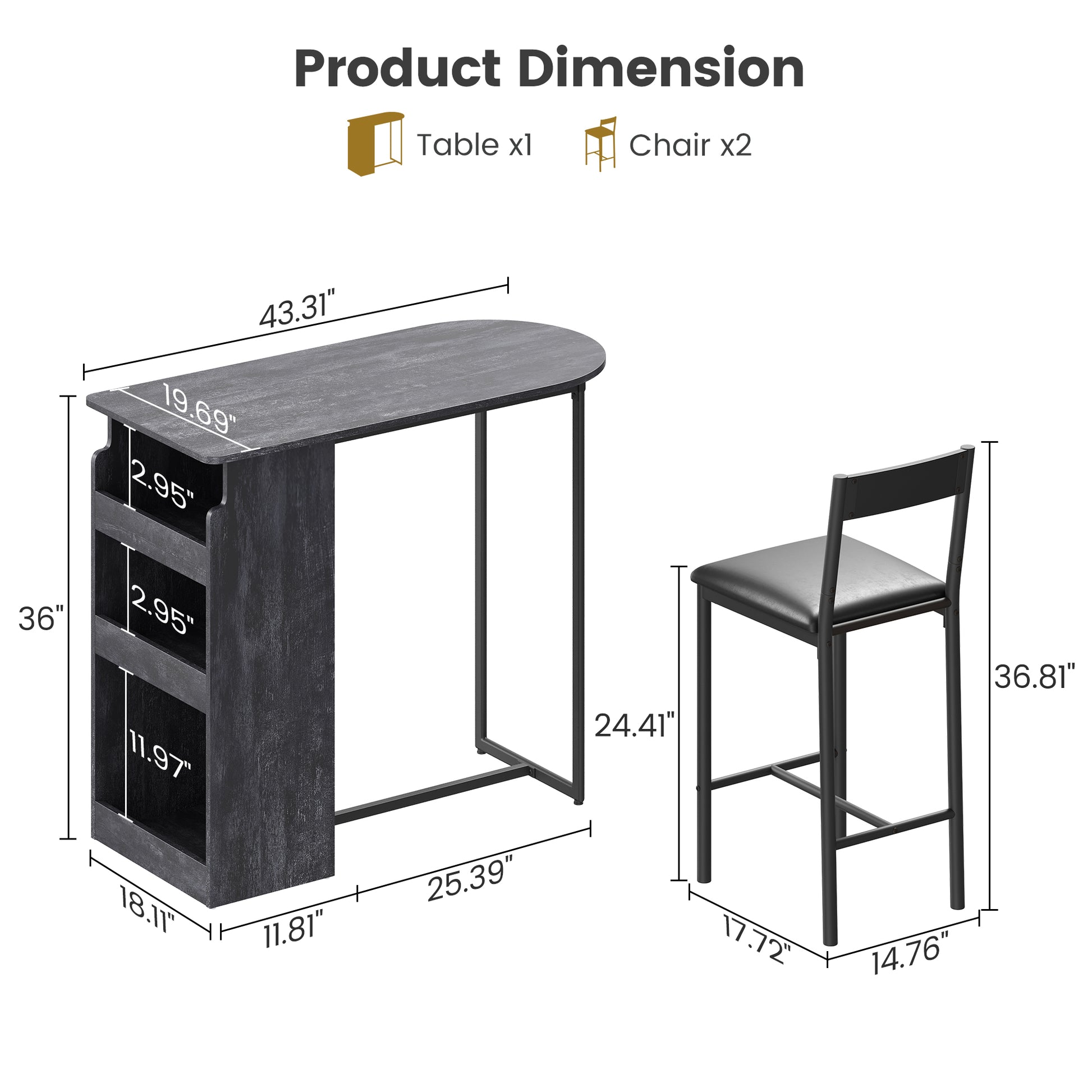 Garvee Bar Table and Chairs Set, Pub Table and Chairs Set for 2, 3 Piece Table Set with Three Tier Storage Shelf for Living Room,Dining Room,Small Apt, Grey