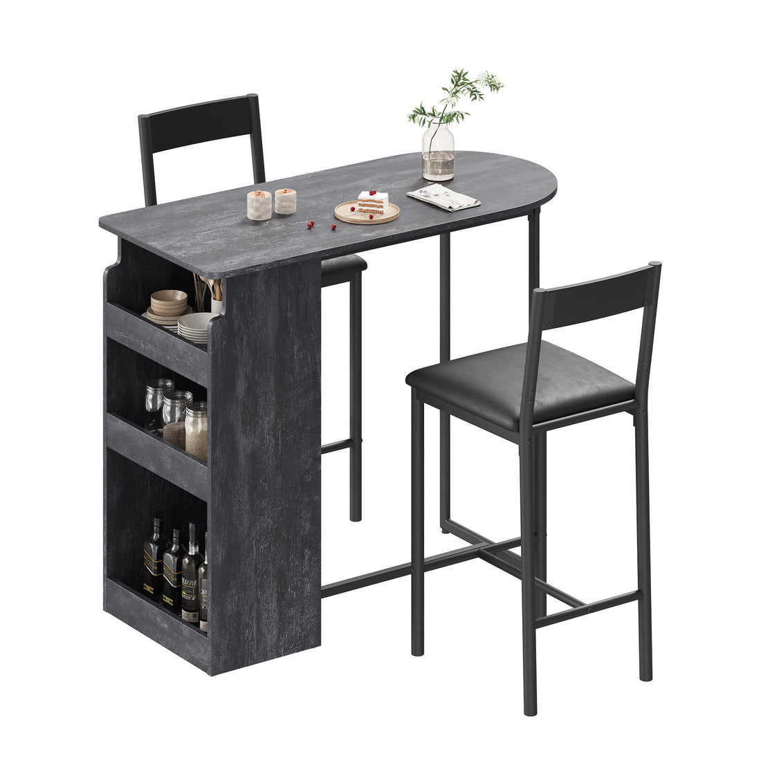 Garvee Bar Table and Chairs Set, Pub Table and Chairs Set for 2, 3 Piece Table Set with Three Tier Storage Shelf for Living Room,Dining Room,Small Apt, Grey