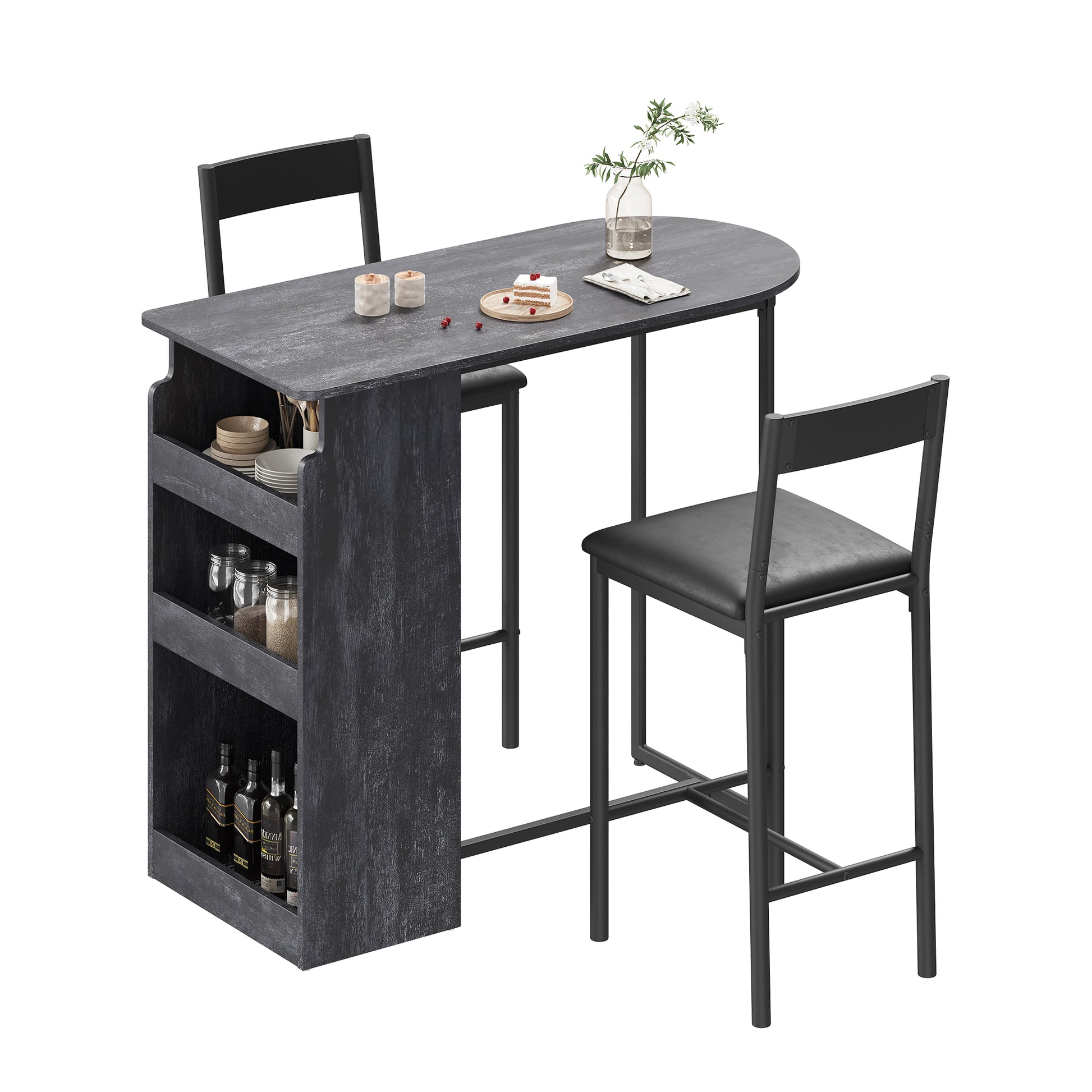 Garvee Bar Table and Chairs Set, Pub Table and Chairs Set for 2, 3 Piece Table Set with Three Tier Storage Shelf for Living Room,Dining Room,Small Apt, Grey