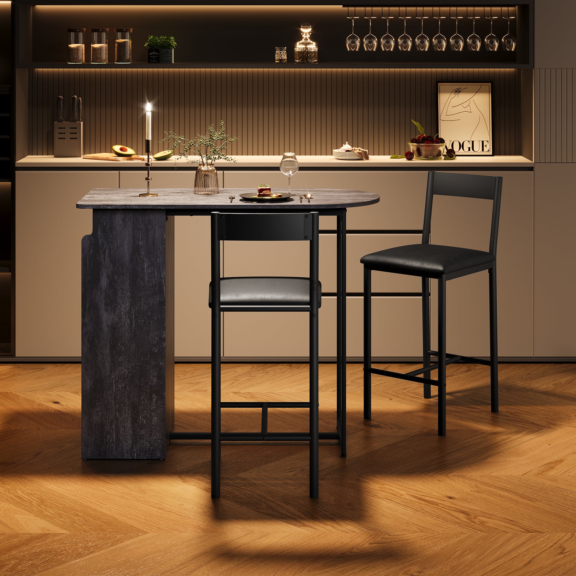 Garvee Bar Table and Chairs Set, Pub Table and Chairs Set for 2, 3 Piece Table Set with Three Tier Storage Shelf for Living Room,Dining Room,Small Apt, Grey