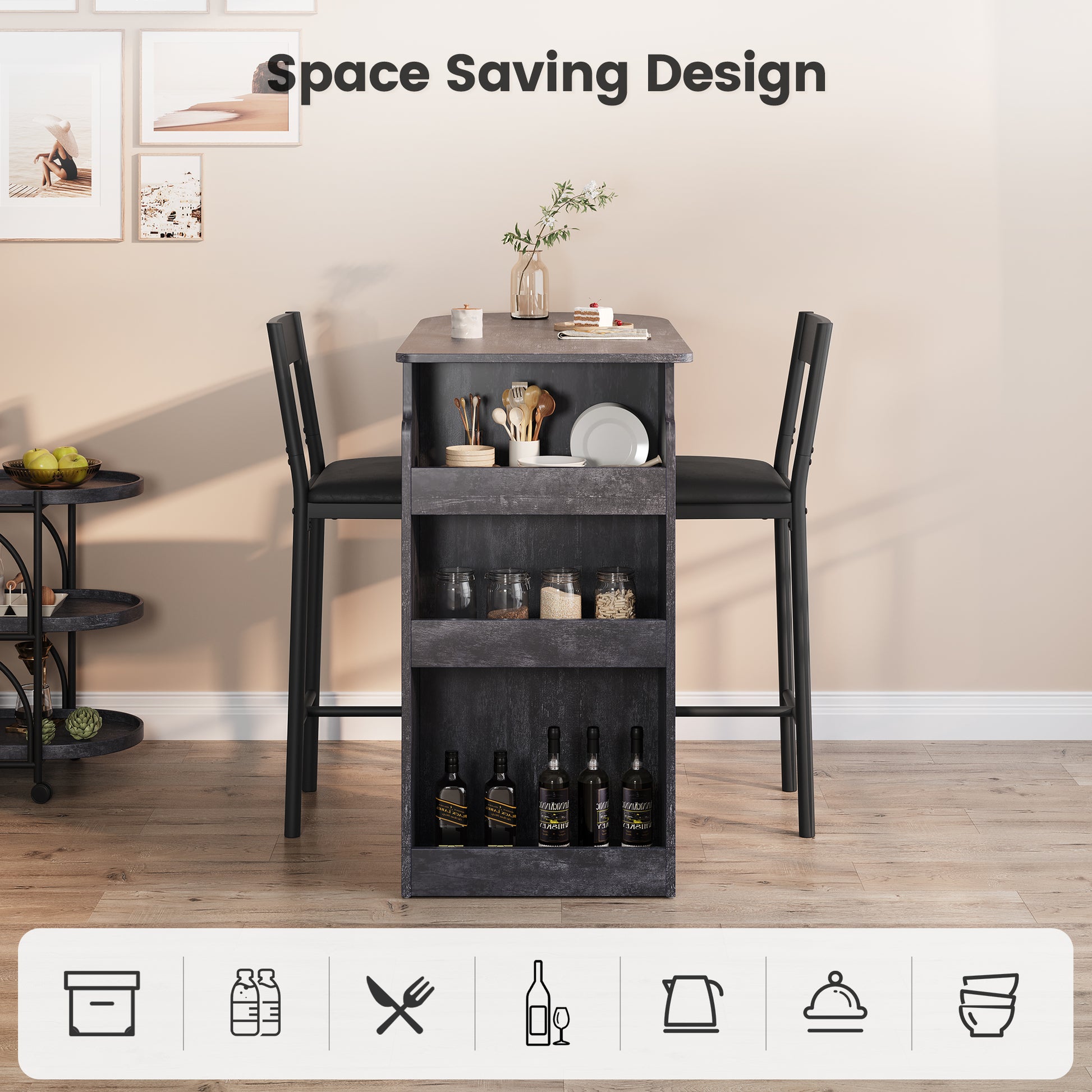 Garvee Bar Table and Chairs Set, Pub Table and Chairs Set for 2, 3 Piece Table Set with Three Tier Storage Shelf for Living Room,Dining Room,Small Apt, Grey