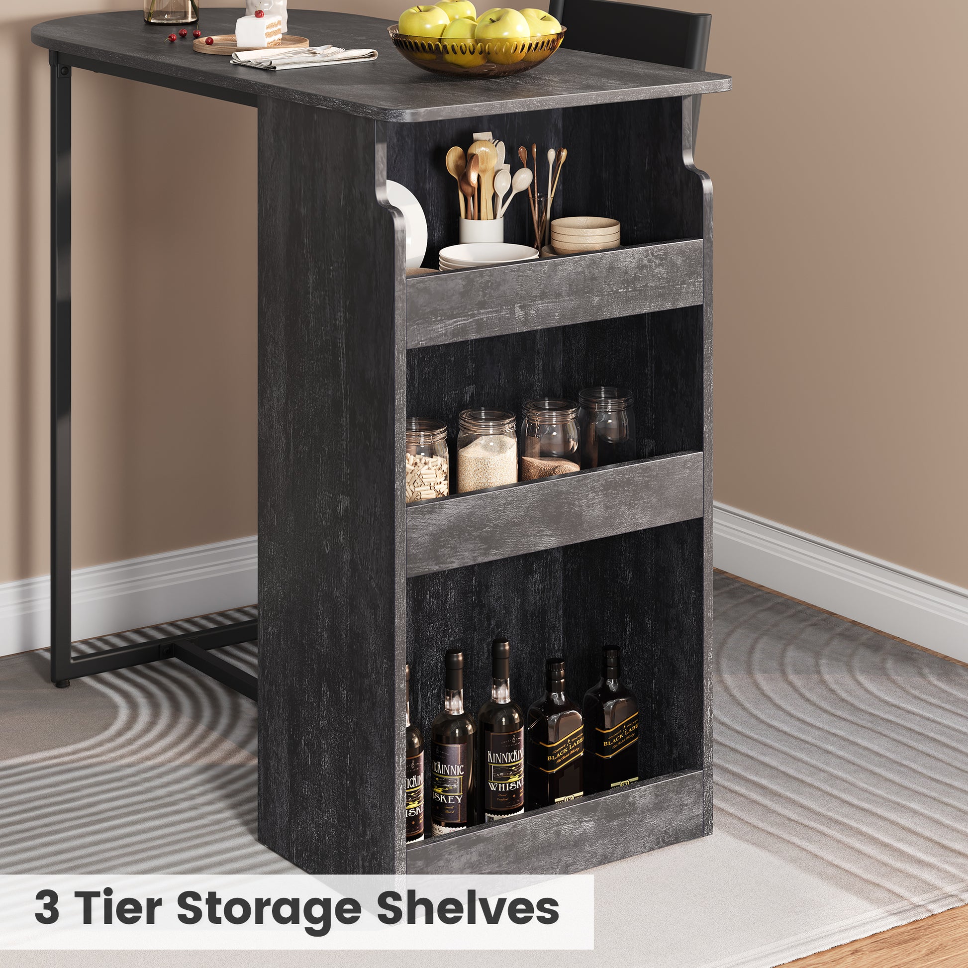 Garvee Bar Table and Chairs Set, Pub Table and Chairs Set for 2, 3 Piece Table Set with Three Tier Storage Shelf for Living Room,Dining Room,Small Apt, Grey