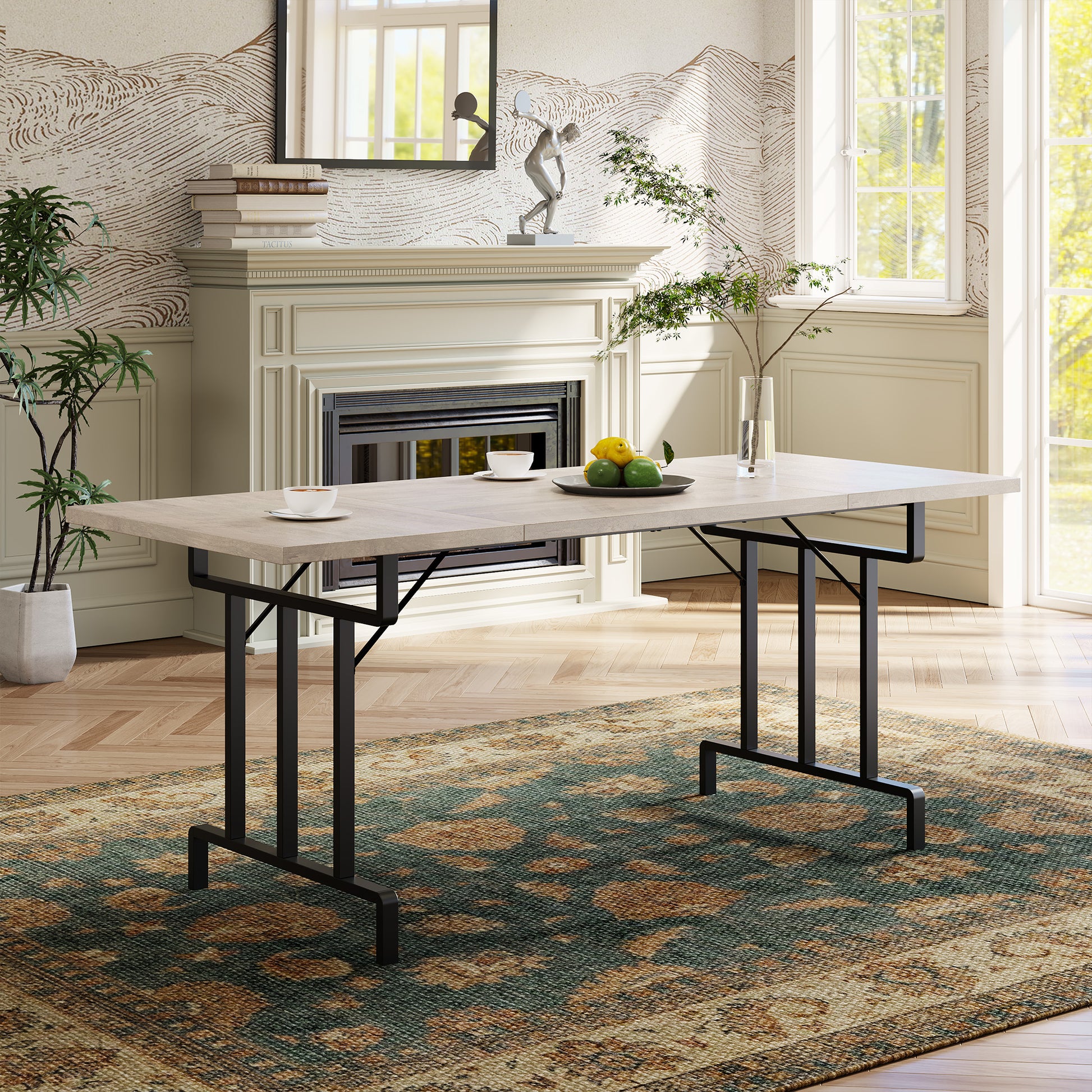 Garvee Farmhouse Dining Table for 6-8 People, 70.87" Rectangular Wood Dining Table, Rustic Style Kitchen Table with Heavy Duty Metal Legs for Dining Room, Home Office, Living Room, Grey