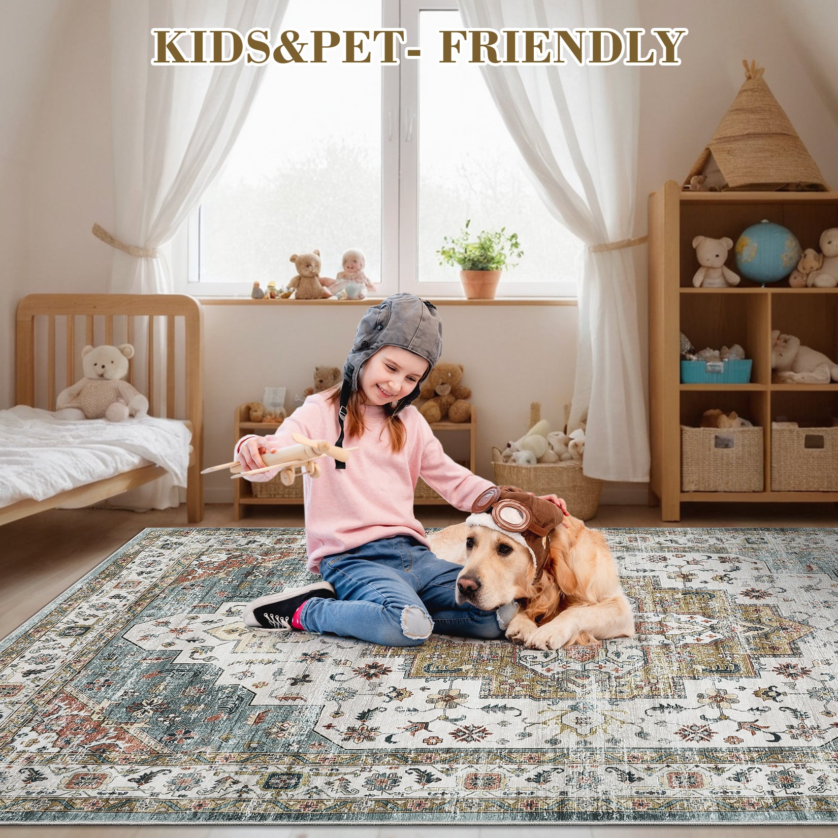 Garvee Persian Camel Green 4x6 Area Rugs, Machine Washable Vintage Printed Soft Low Pile Rugs, Oriental Accent Carpet with Non-Slip Backing, Stain-Resistant Distressed Floor Carpet for Living Room, Hallway, Laundry