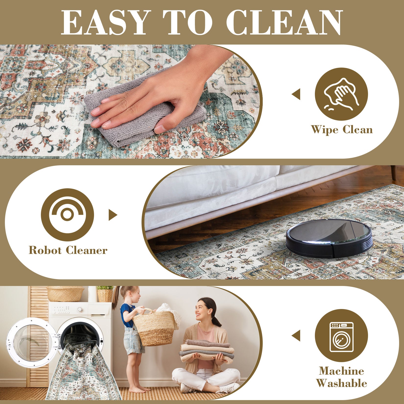 Garvee Persian Camel Green 4x6 Area Rugs, Machine Washable Vintage Printed Soft Low Pile Rugs, Oriental Accent Carpet with Non-Slip Backing, Stain-Resistant Distressed Floor Carpet for Living Room, Hallway, Laundry